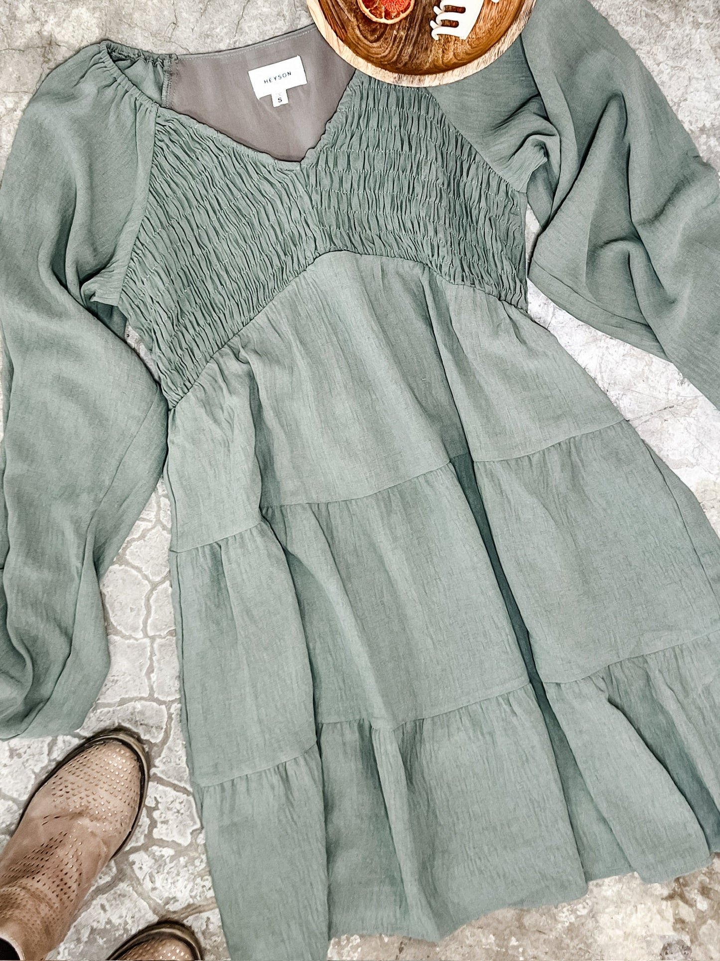 Tiered Smocked Dress With Balloon Sleeves In Olive
