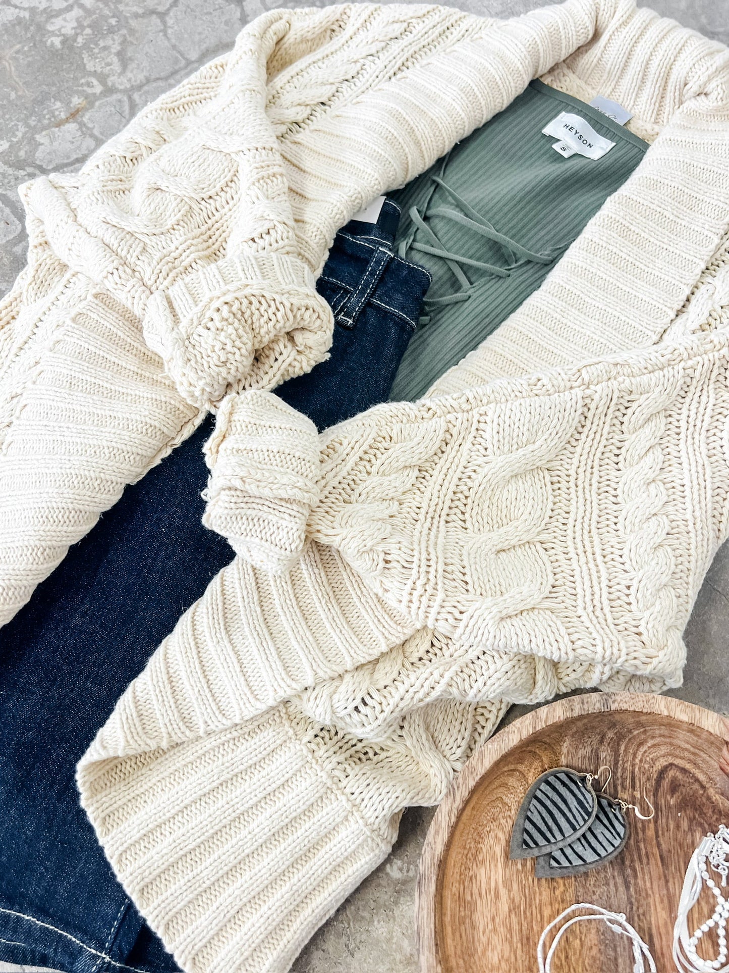 Open Front Cable Knit Cardigan In Natural Cream