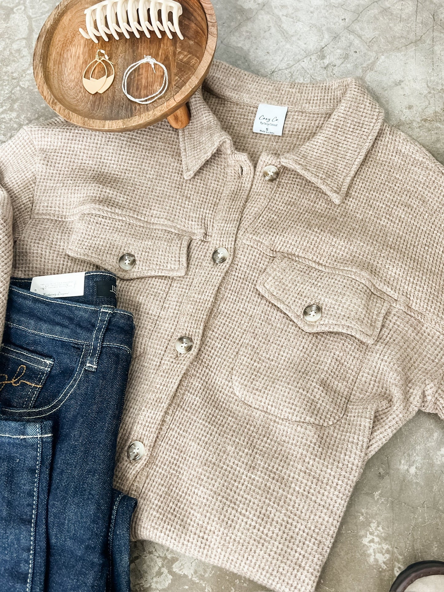 Waffle Knit Button Down Shacket In Hazelnut