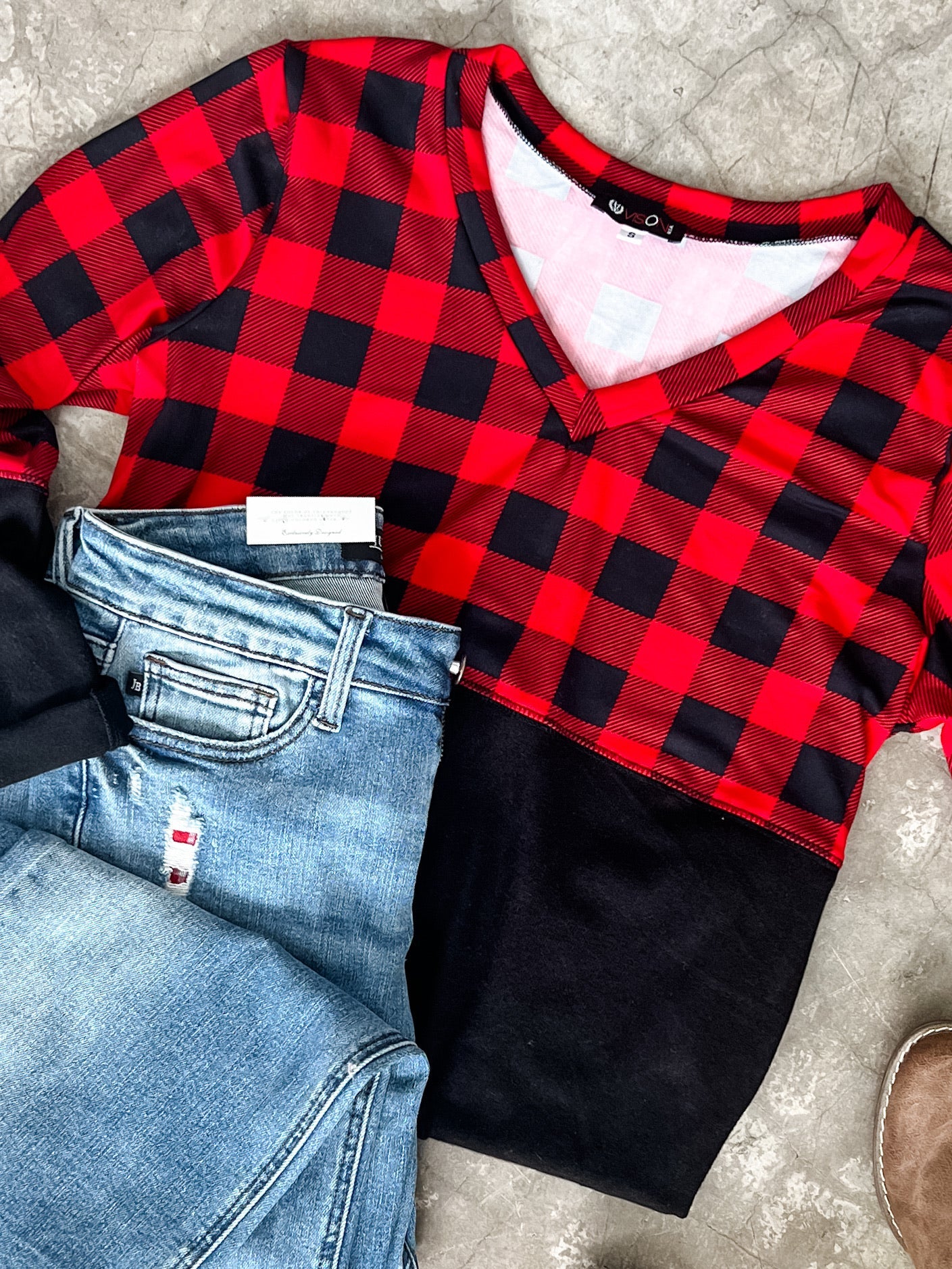V Neck Buffalo Plaid Top In Red & Black