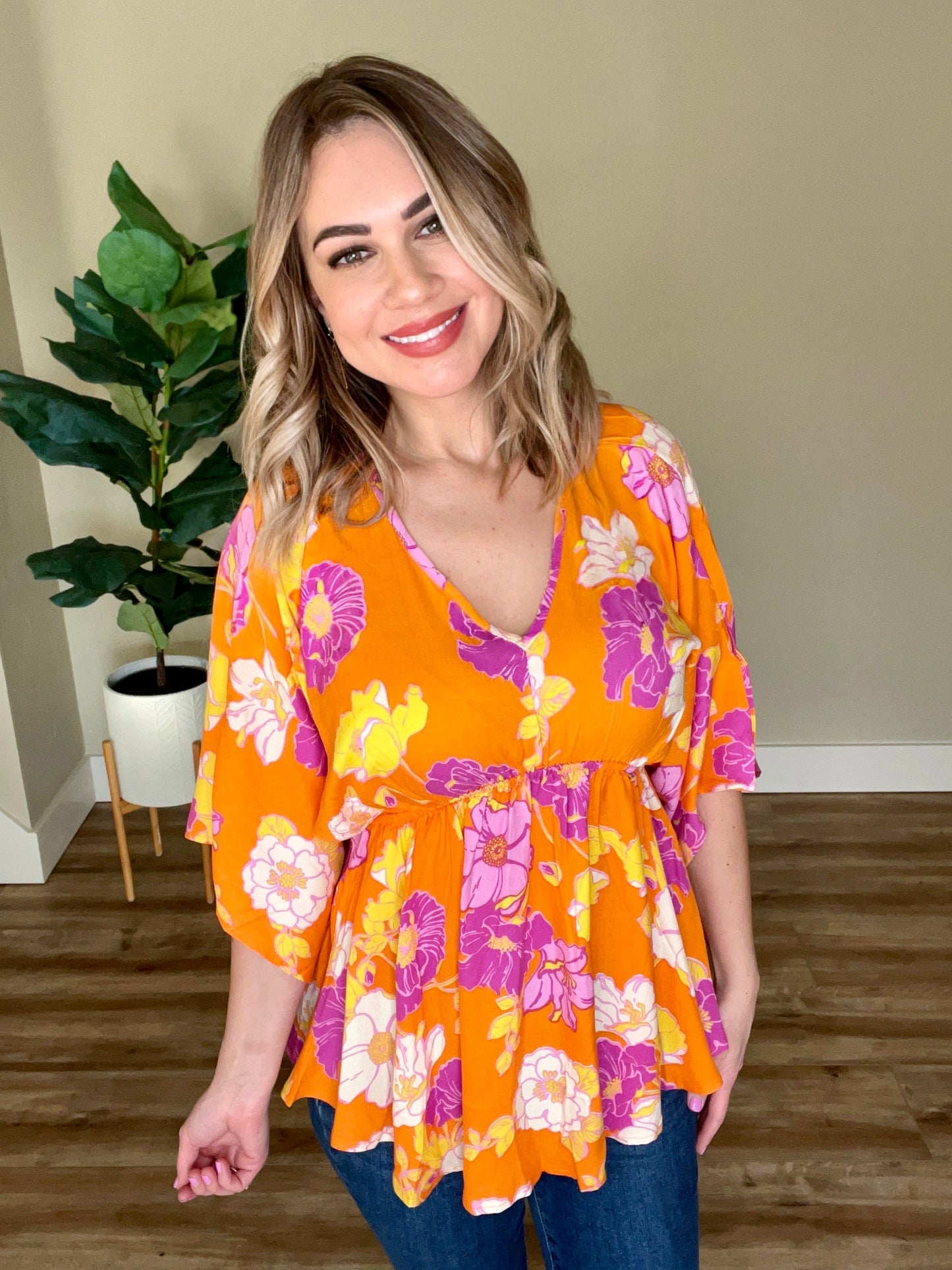 Tropical Orange Hibiscus Dolman Sleeve Blouse
