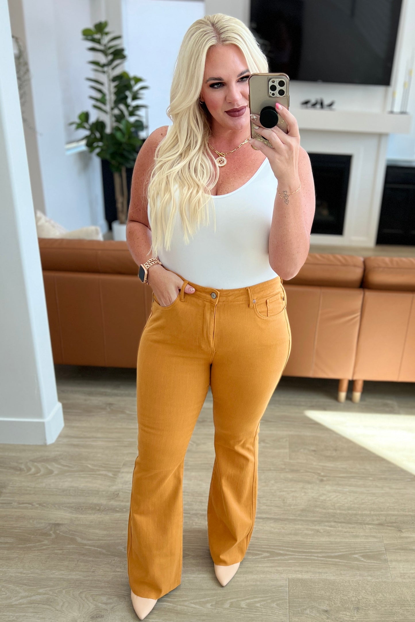 Judy Blue High Rise Tummy Control Flare Jeans in Marigold