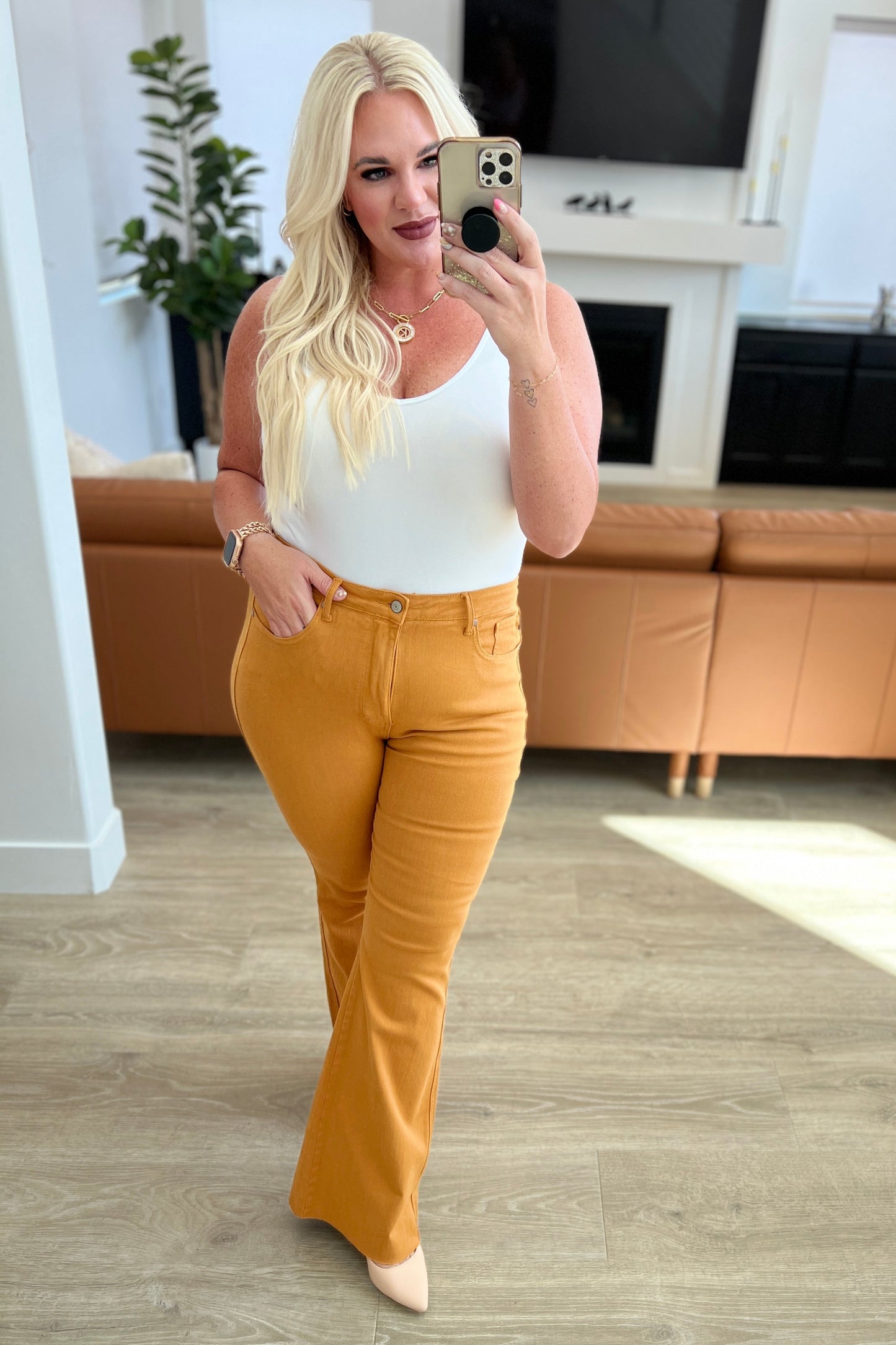 Judy Blue High Rise Tummy Control Flare Jeans in Marigold