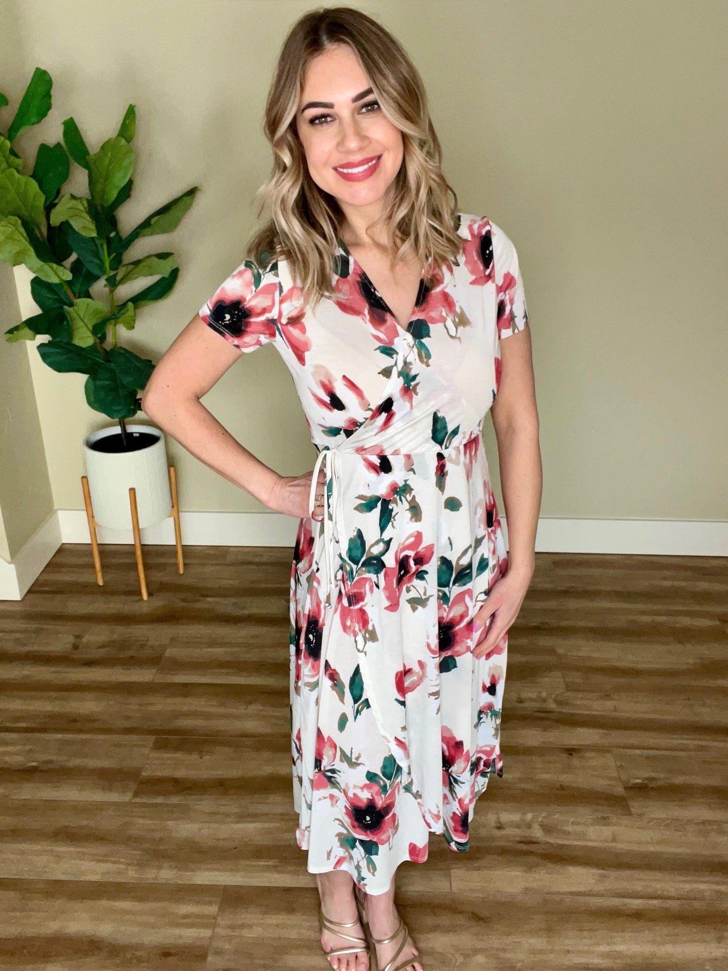 Surplice Midi Dress In Rose Print & Ivory Teal