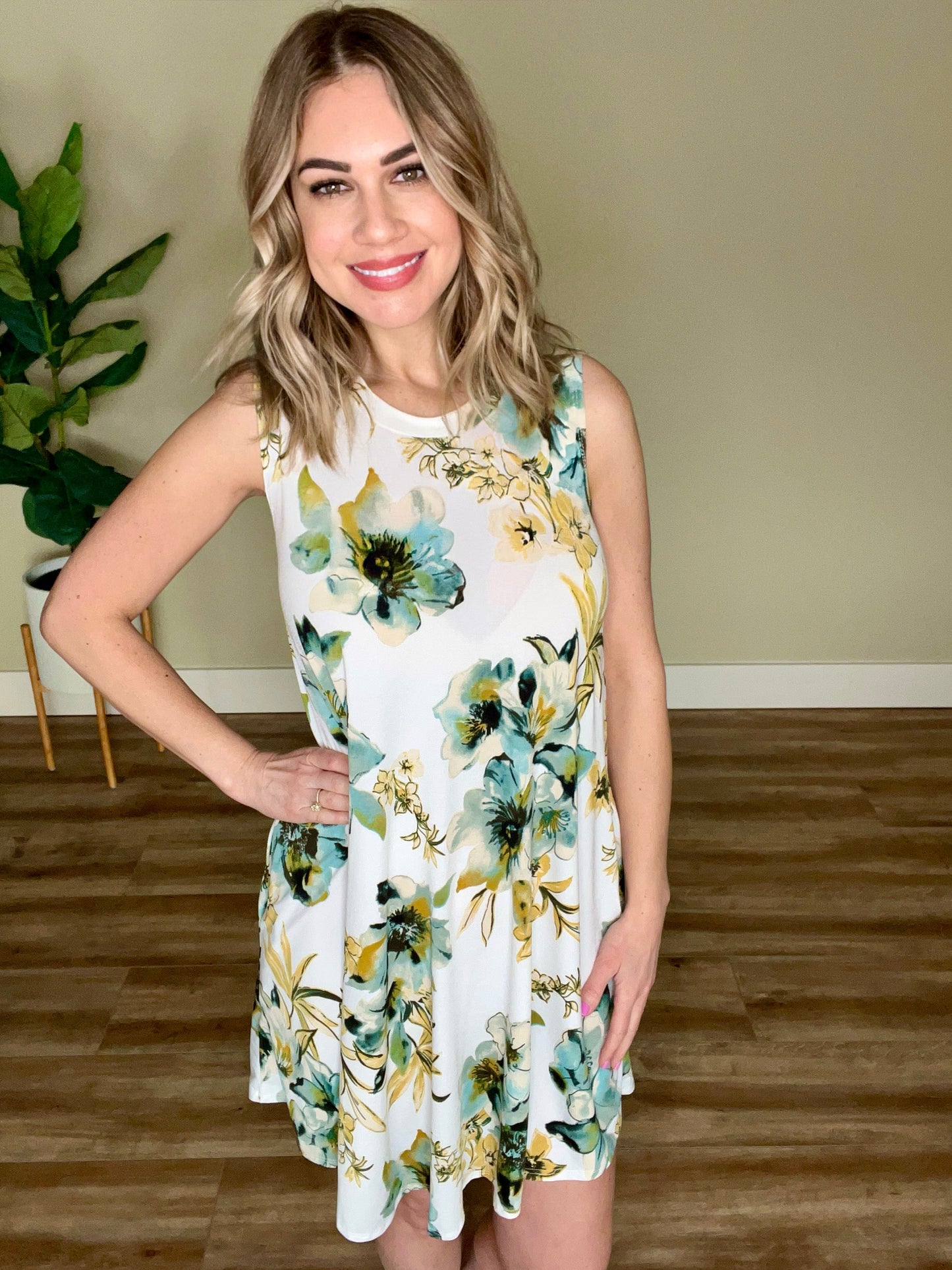 Sleeveless Shift Dress With Pockets In Teal, Yellow & Ivory Florals