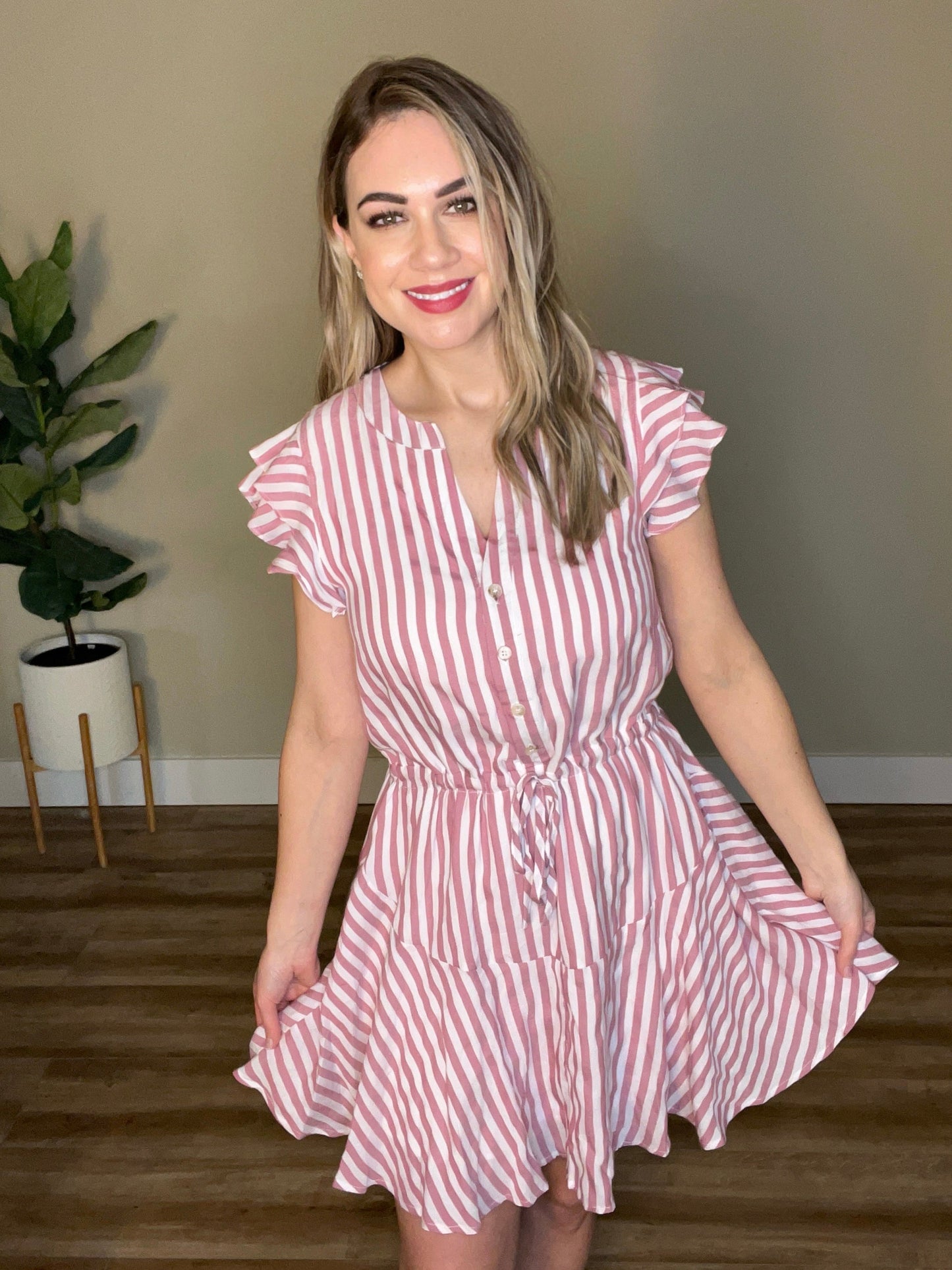 Striped Fit & Flare Dress In Candy Pink