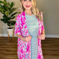 Short Sleeve Kimono In Bright Pink & Teal