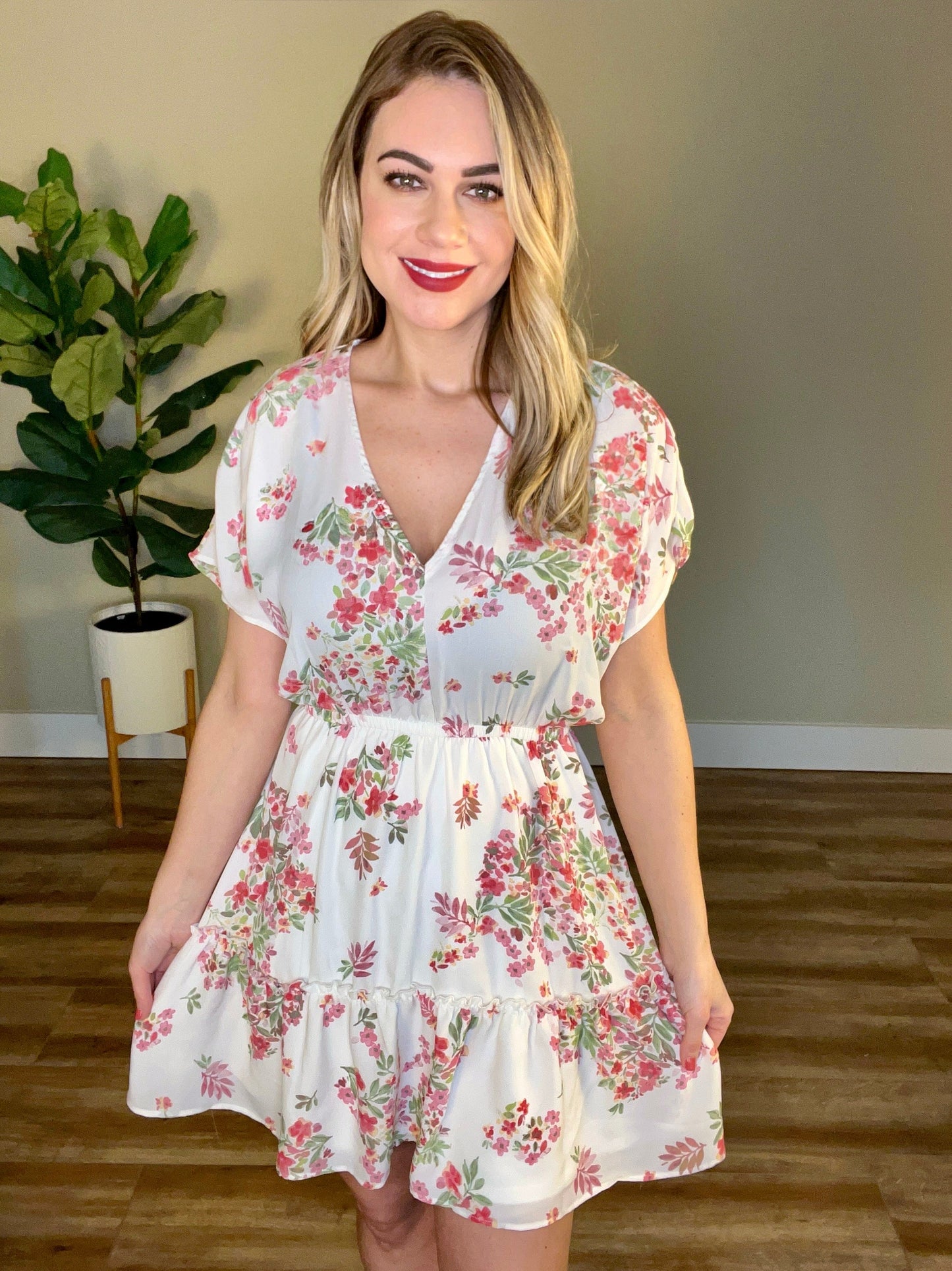 V Neck Ivory Floral Dress In Sage & Cherry