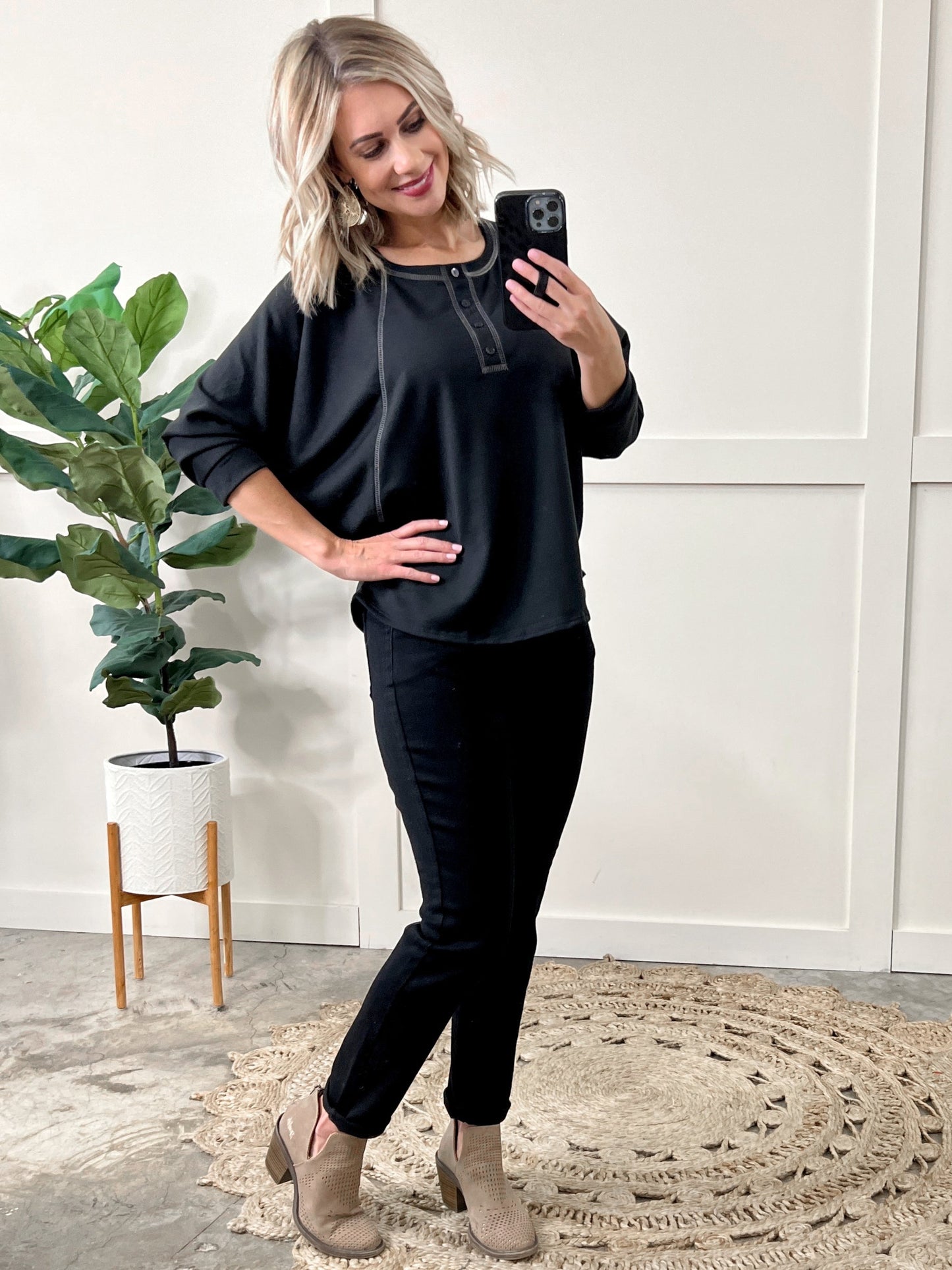 Dolman Sleeve Button Henley Top in Deep Montana Midnight 11.20