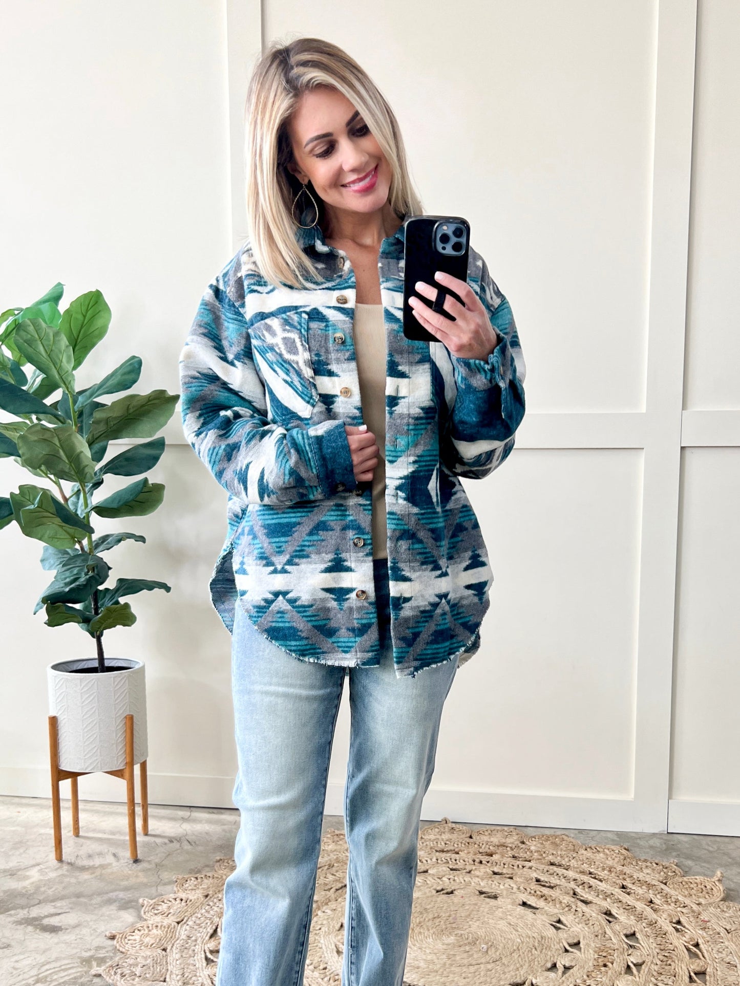 Teal Aztec Print Button Down Shacket 11.24