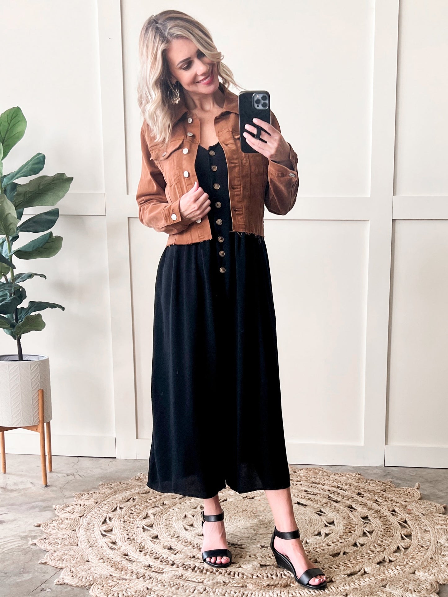 Button Down Jumpsuit In Natural Black