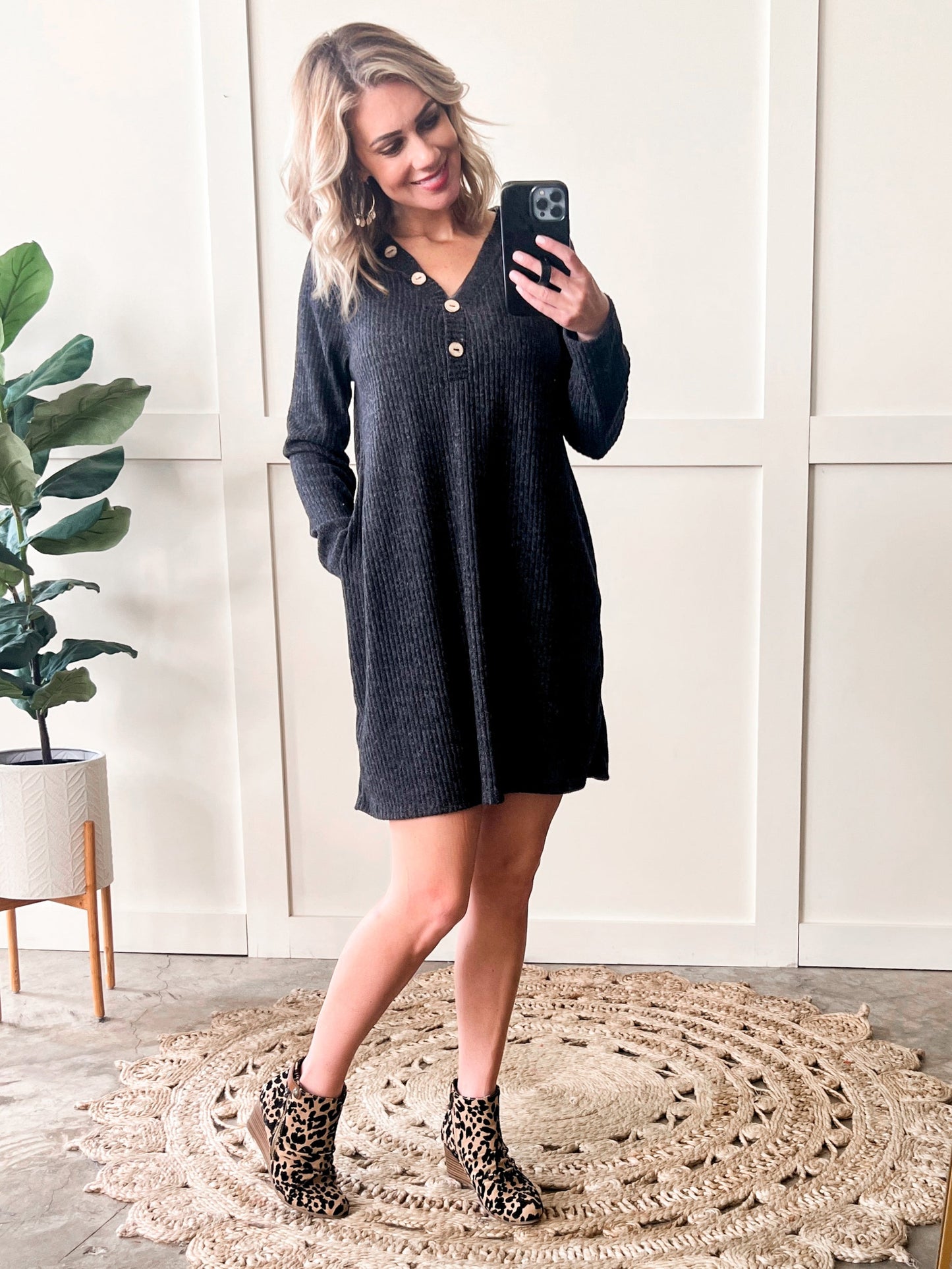 Soft Decorative Button Front Dress In Charcoal 11.22