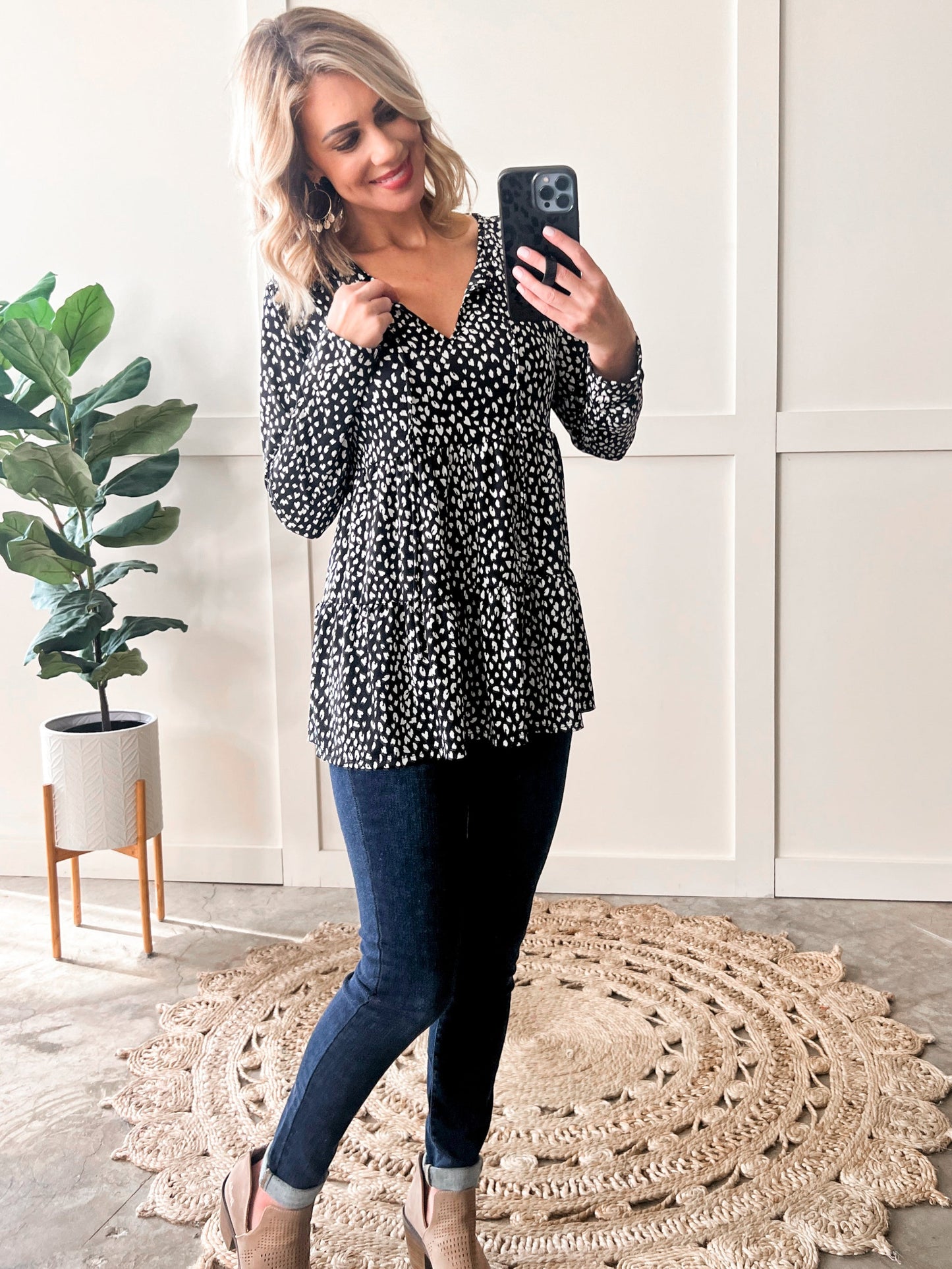 Tie Front Tiered Top In Black & White Animal Print 11.22