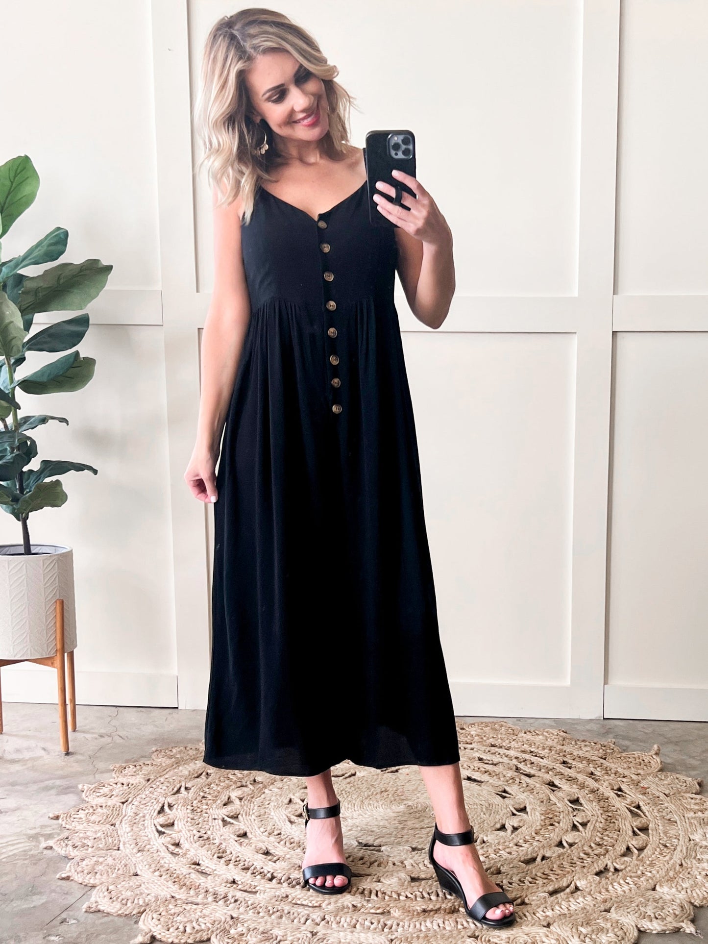 Button Down Jumpsuit In Natural Black