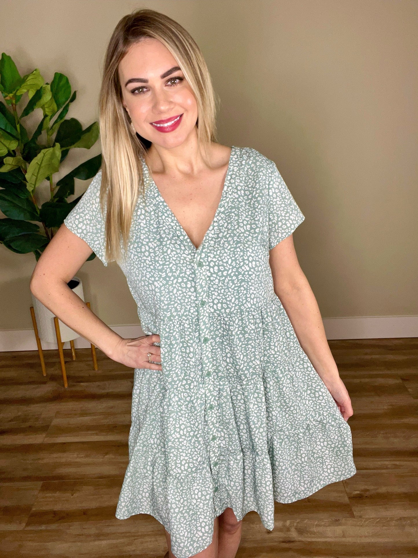 Button Front Dress In Light Aqua Animal Print