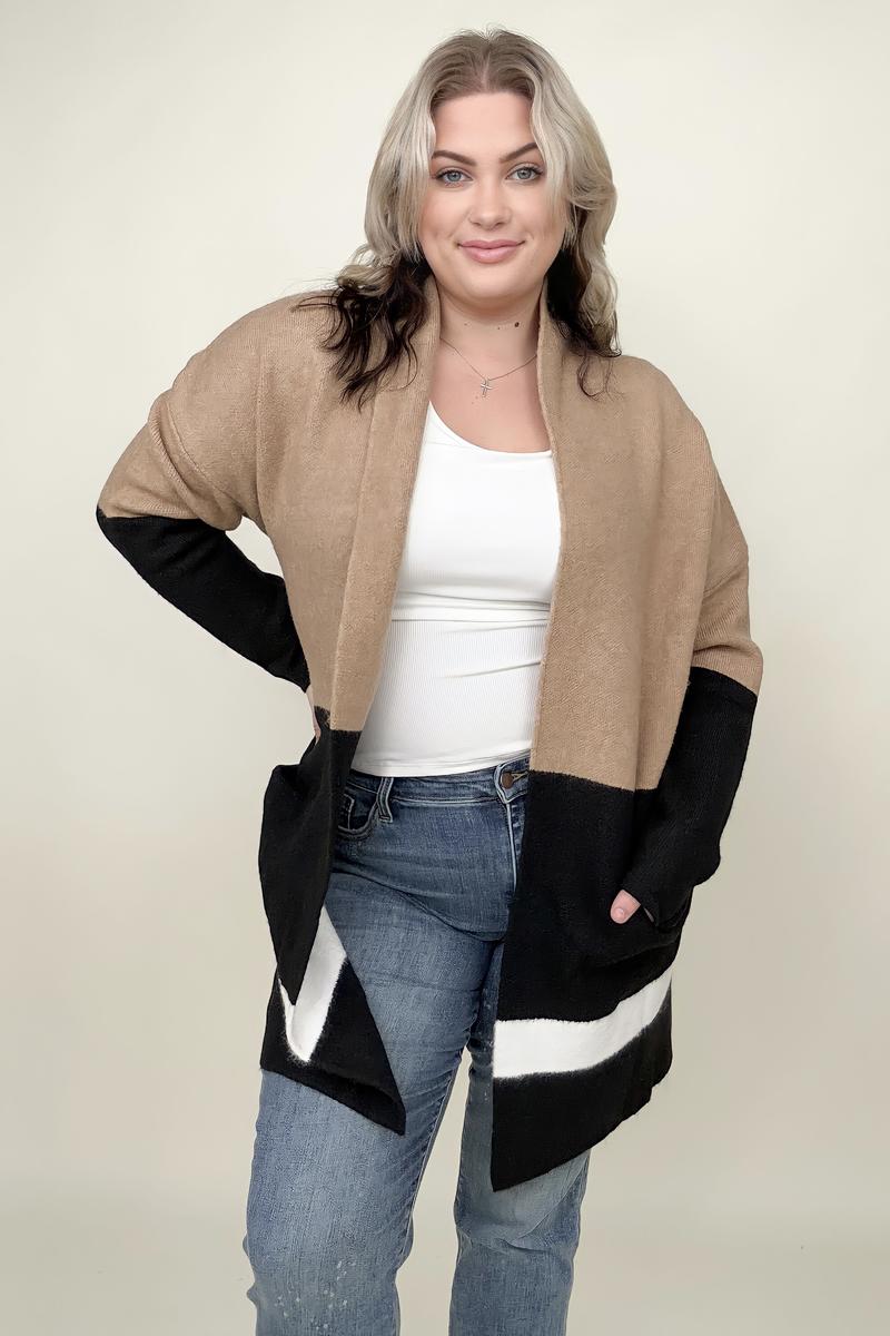 Latte Colorblock Cardigan With Patch Pockets