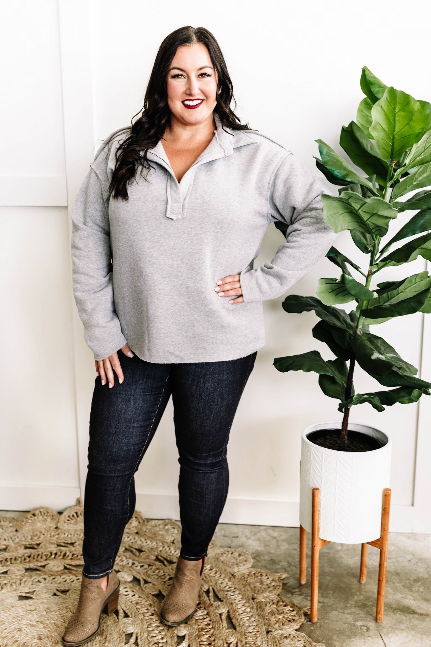 Ultra Soft Collared Pullover In Heathered Grey