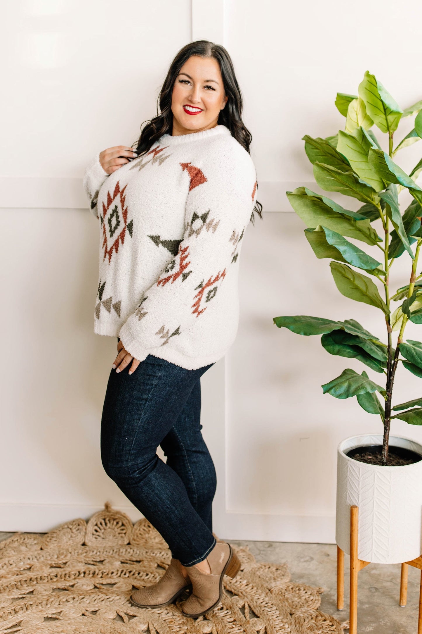 Popcorn Aztec Sweater In Cream, Olive & Rust