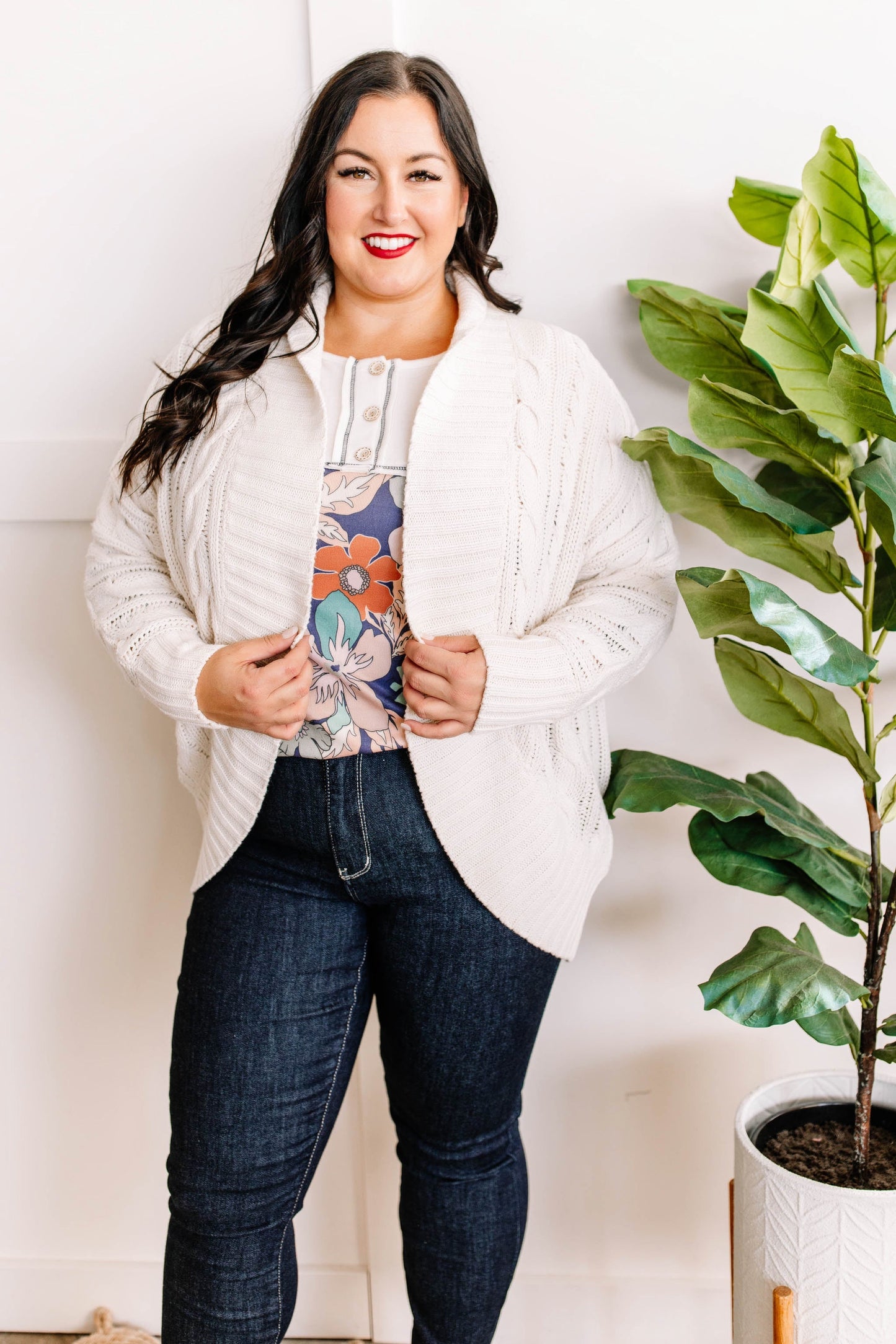 Open Front Cable Knit Cardigan In Natural Cream