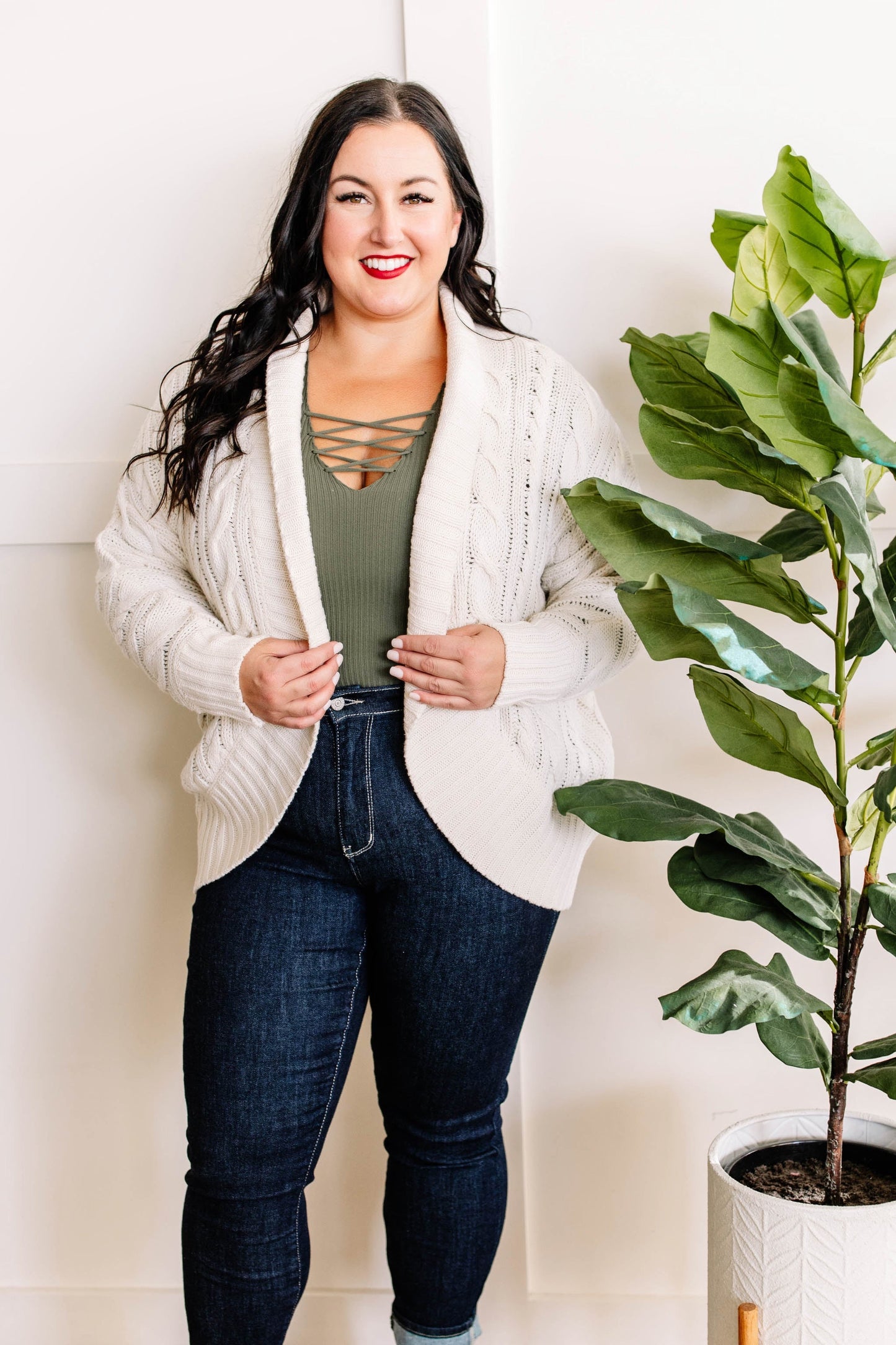 Open Front Cable Knit Cardigan In Natural Cream