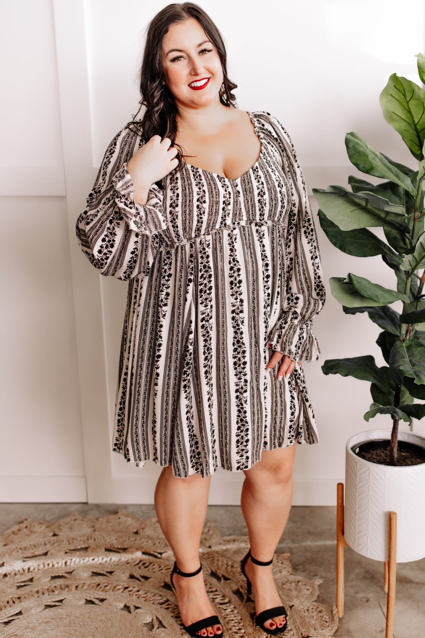 Long Sleeve Smocked Dress In Black & Cream Vintage Florals