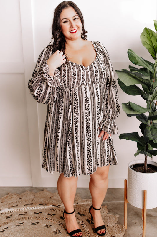 Long Sleeve Smocked Dress In Black & Cream Vintage Florals