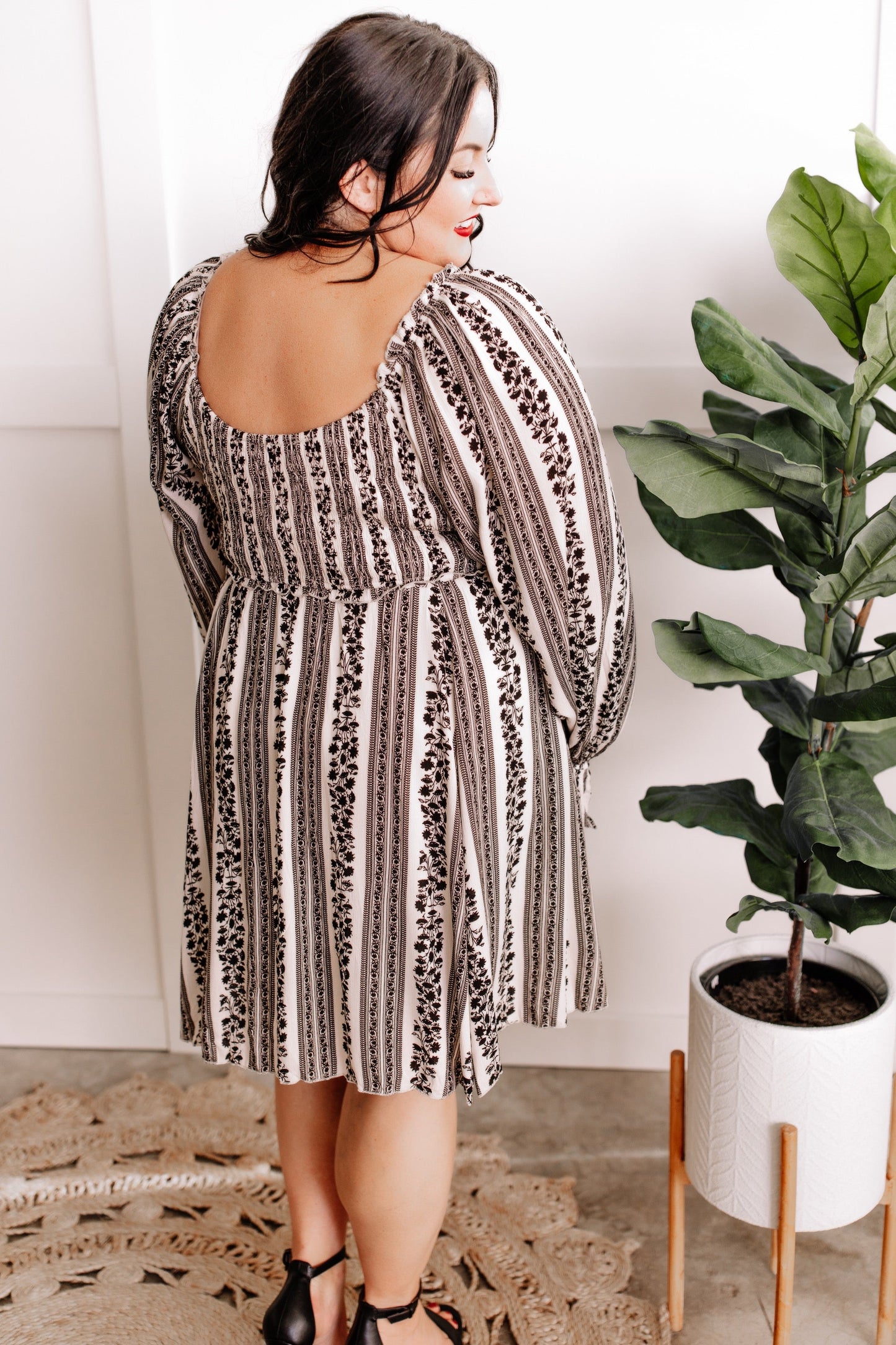 Long Sleeve Smocked Dress In Black & Cream Vintage Florals