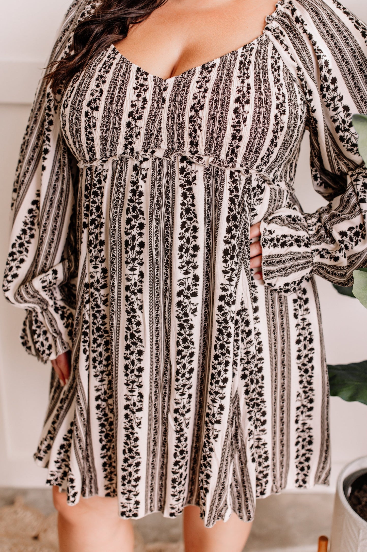 Long Sleeve Smocked Dress In Black & Cream Vintage Florals