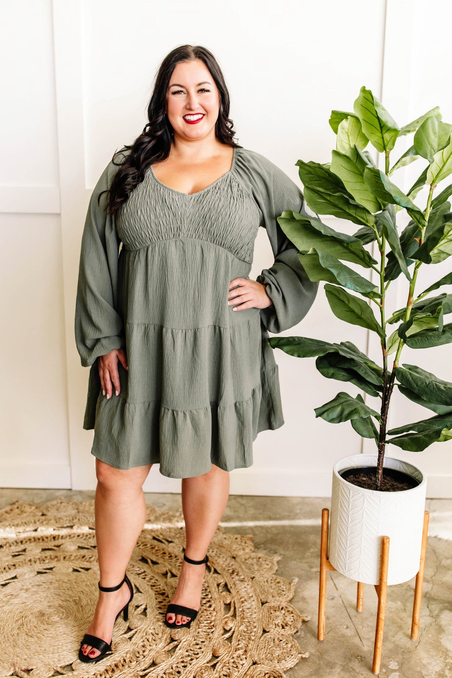 Tiered Smocked Dress With Balloon Sleeves In Olive