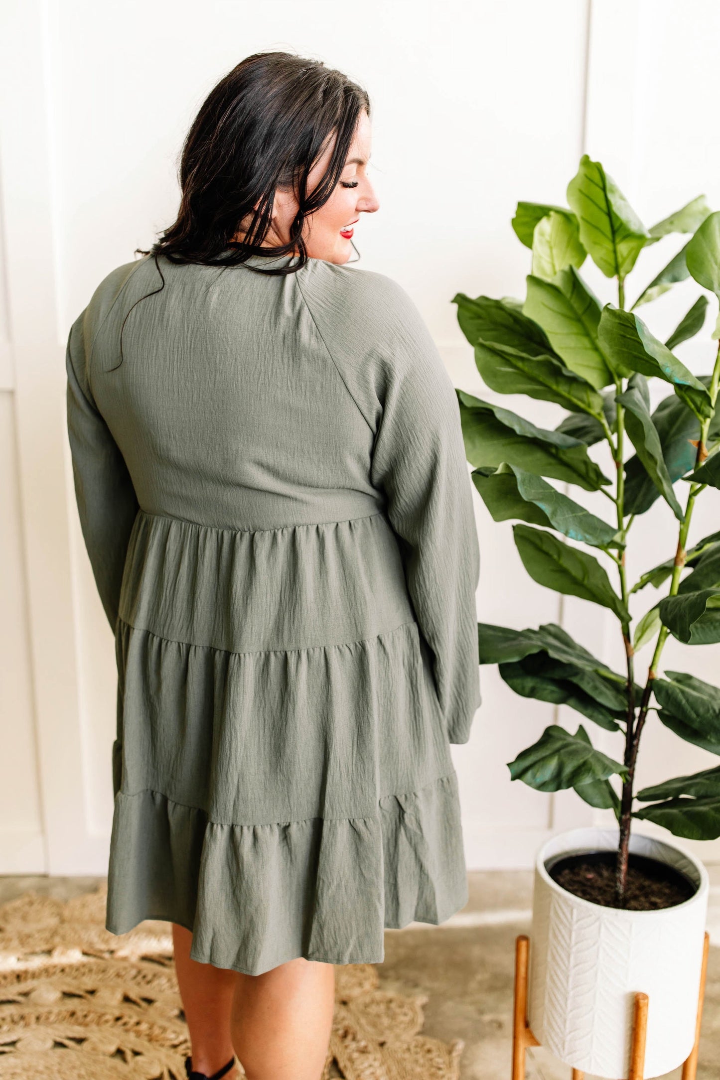 Tiered Smocked Dress With Balloon Sleeves In Olive