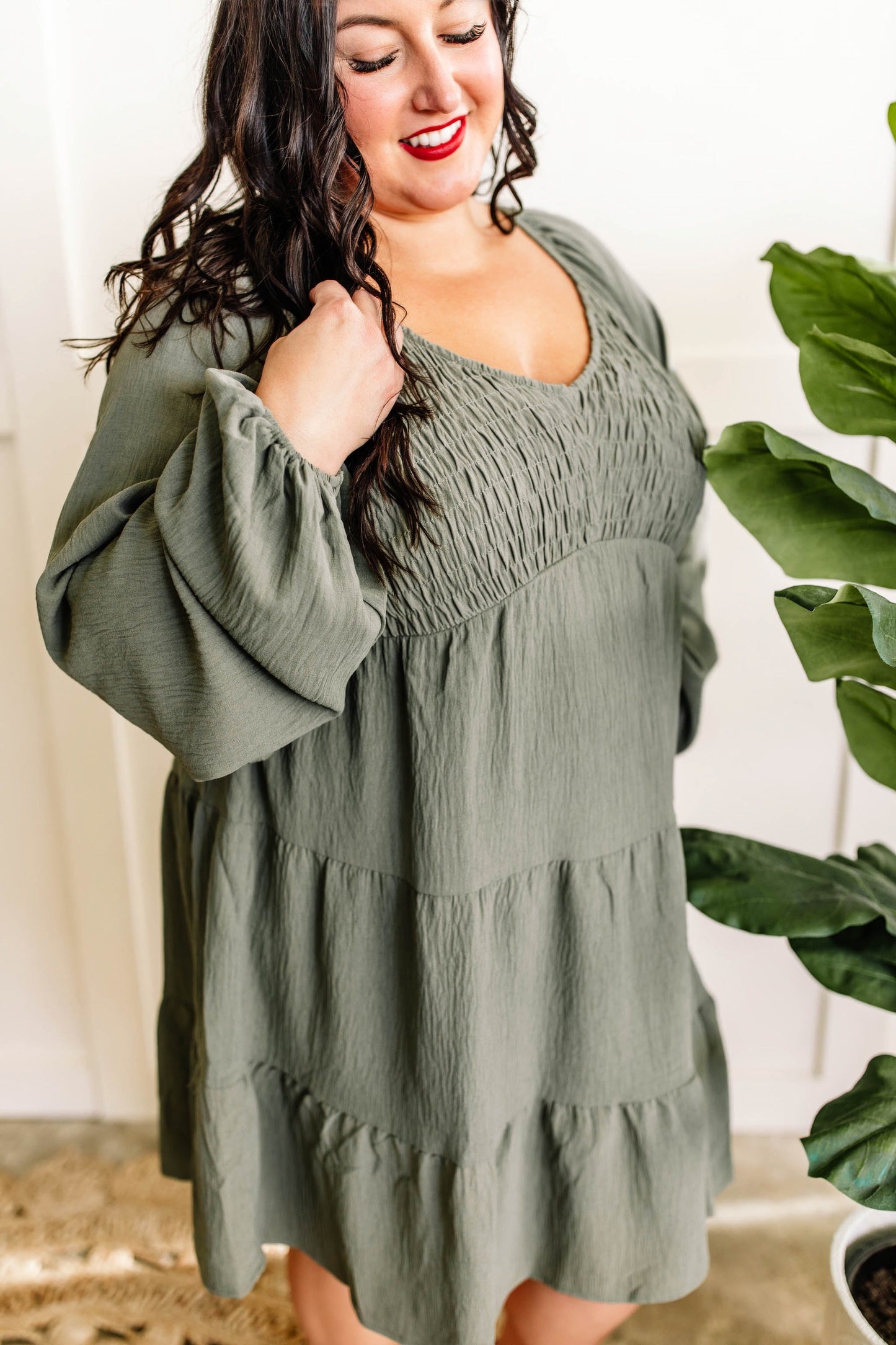 Tiered Smocked Dress With Balloon Sleeves In Olive