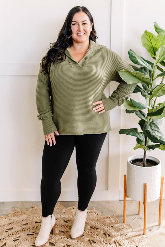 Collared Sweater With Fray Detail In Olive