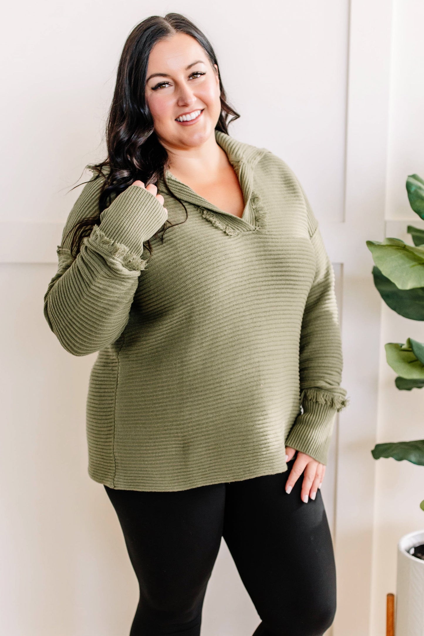 Collared Sweater With Fray Detail In Olive