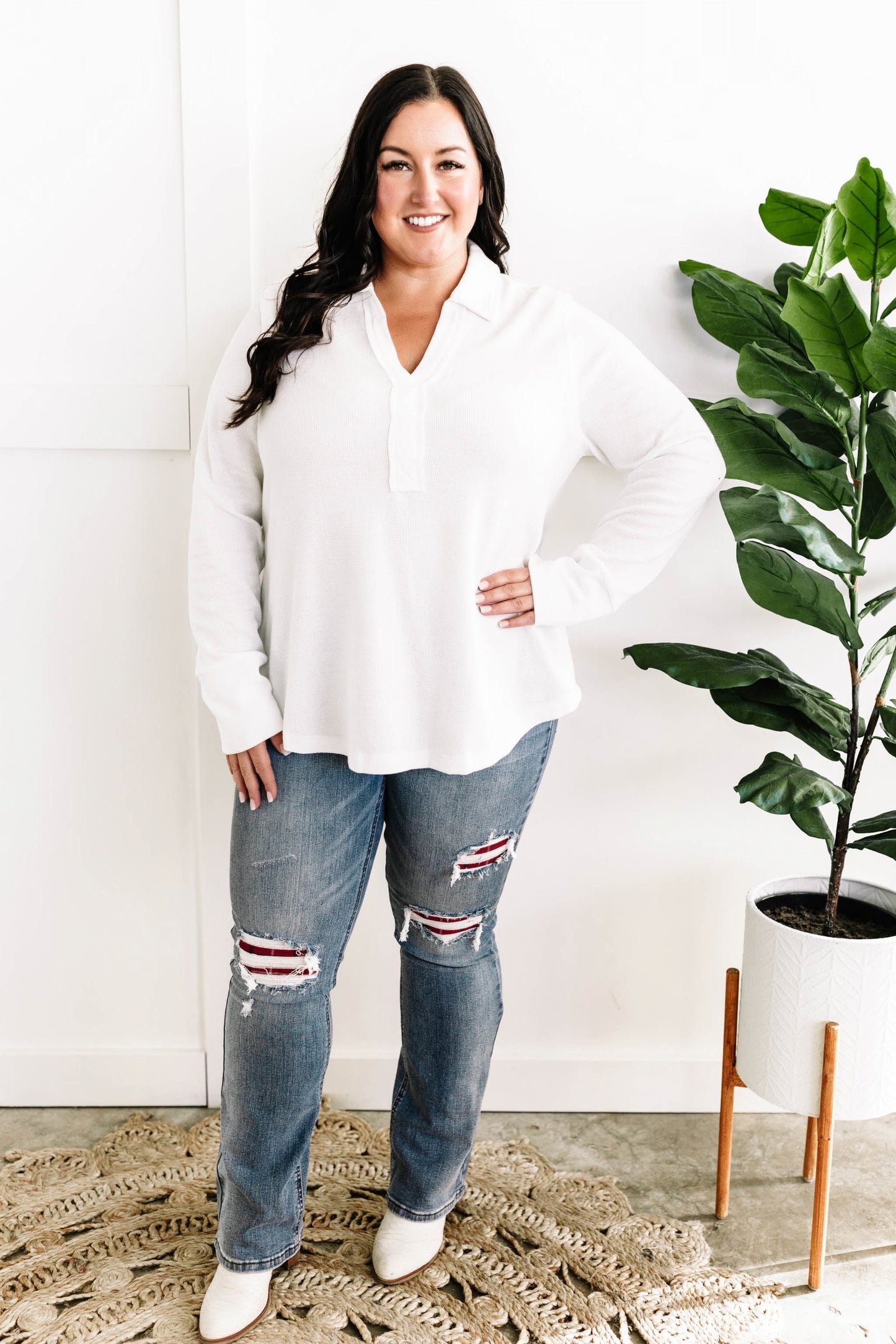 Collared Long Sleeve Thermal Knit Top In White