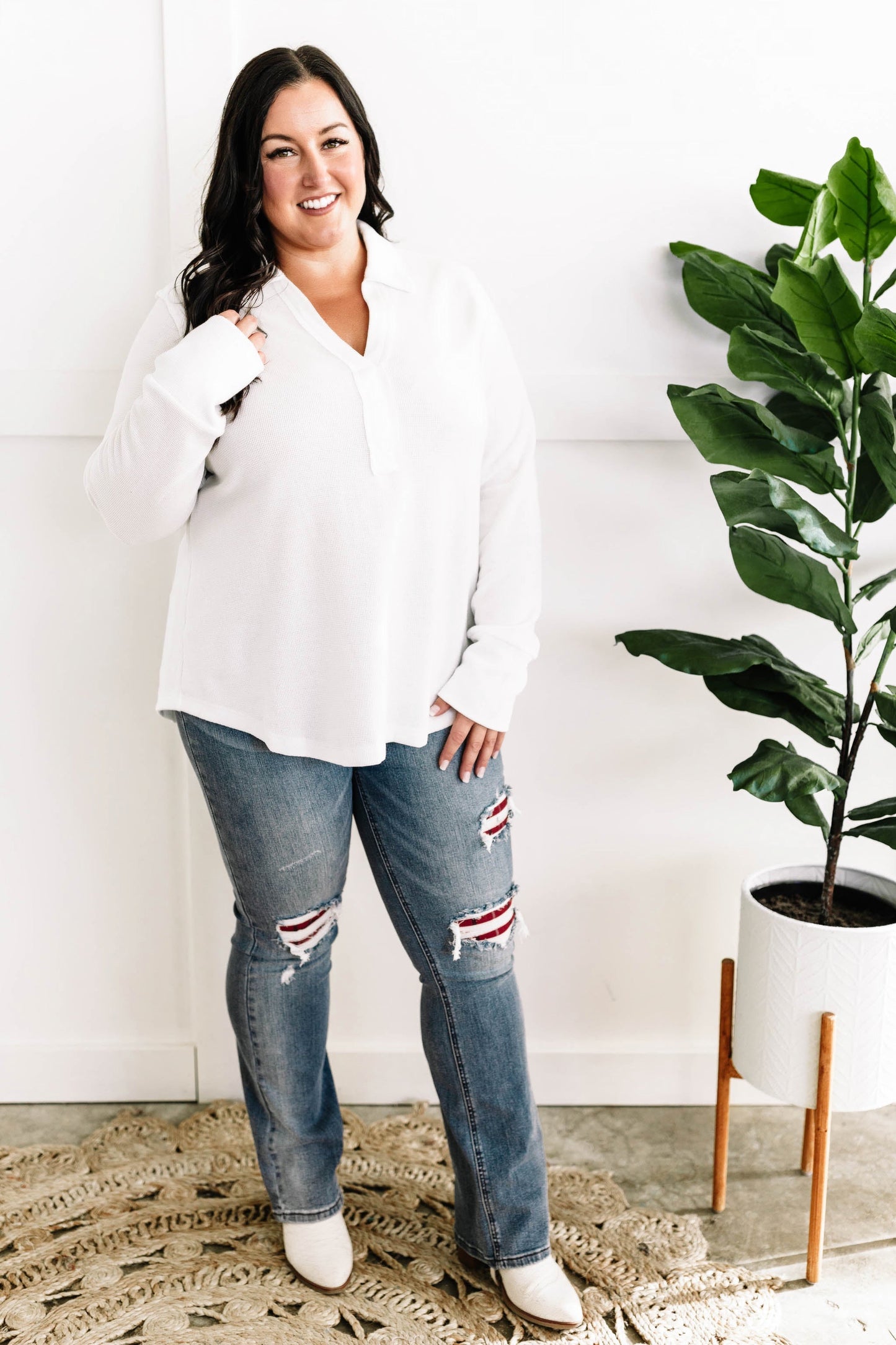 Collared Long Sleeve Thermal Knit Top In White