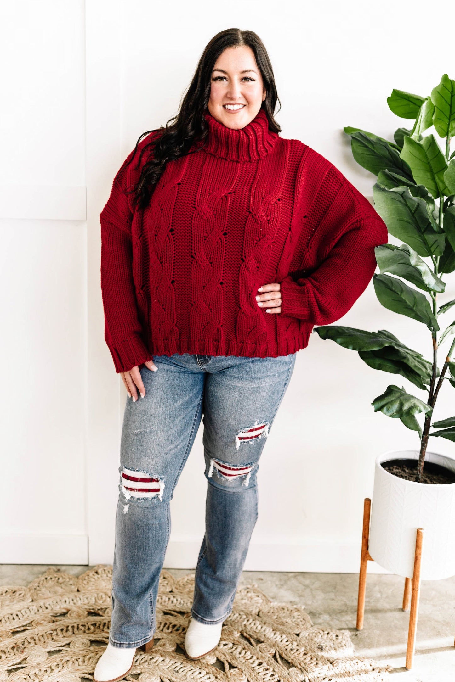 Cozy Cable Knit Sweater In Christmas Red