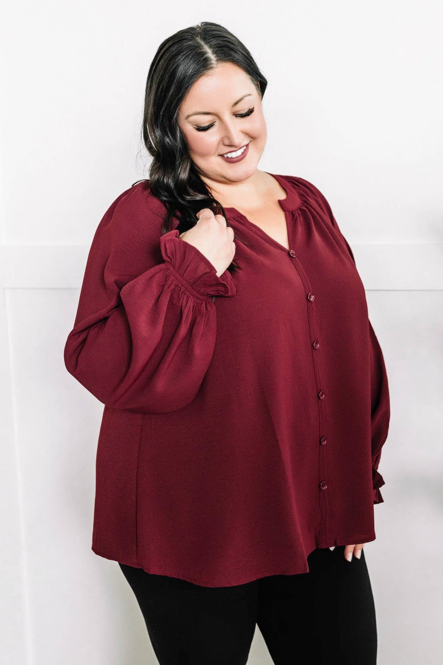 Decorative Button Front Blouse In Cranberry