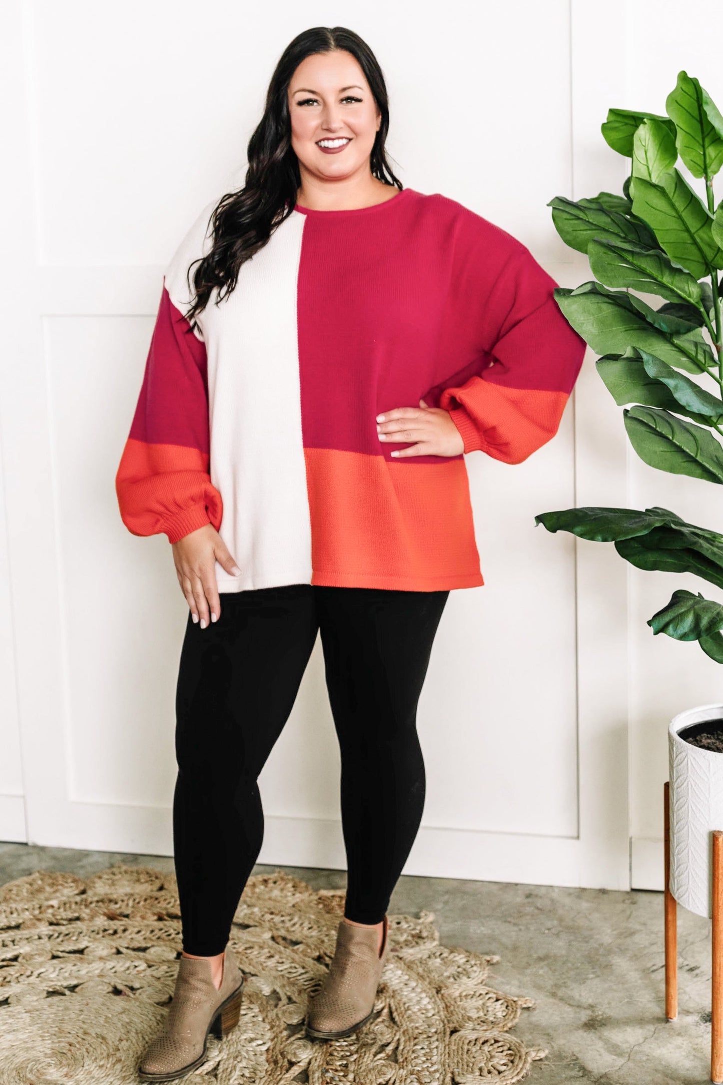 Colorblock Knit Sweater In Pink, Orange & Ivory