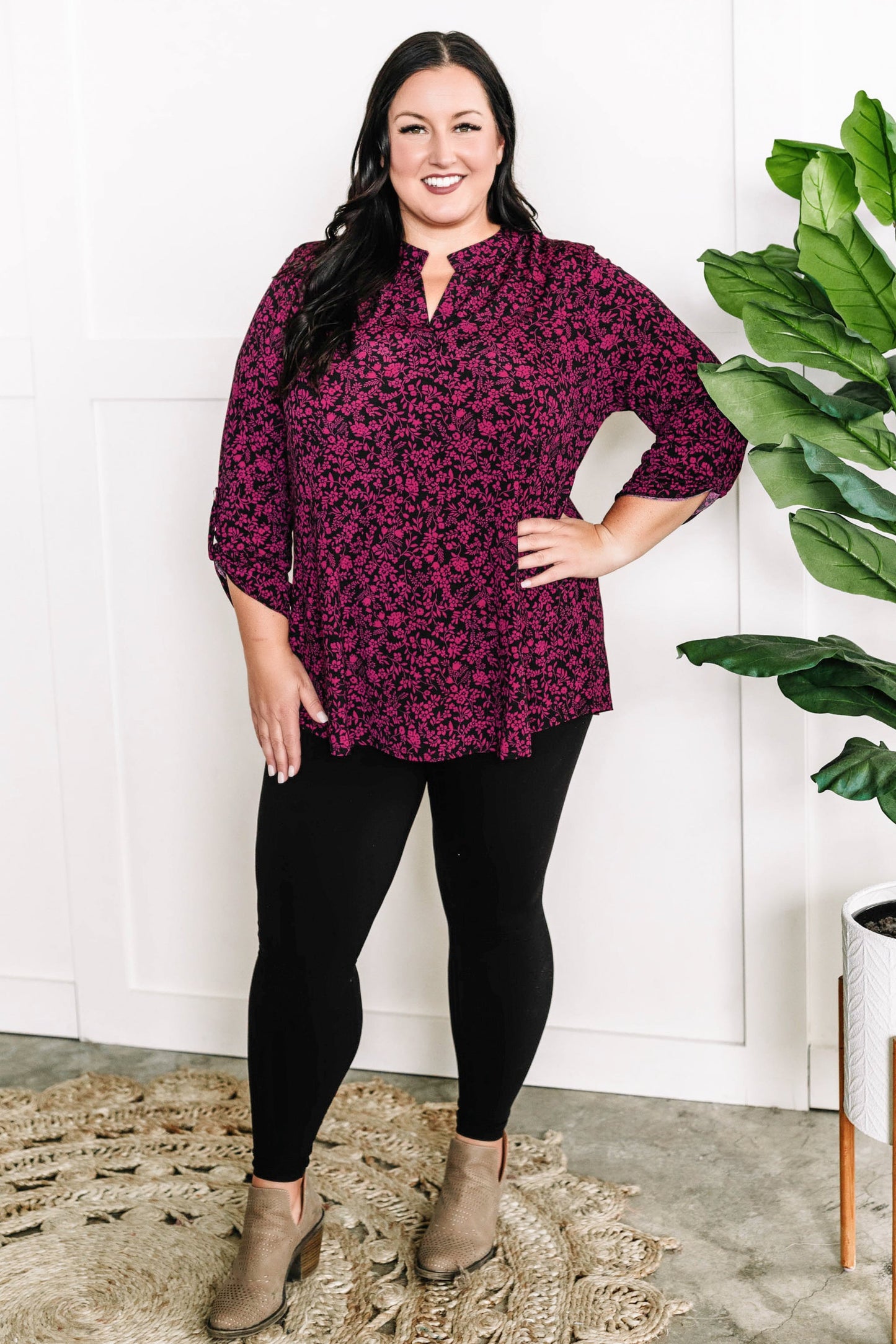 Gabby Front Top With Button Sleeve Detail In Magenta Florals