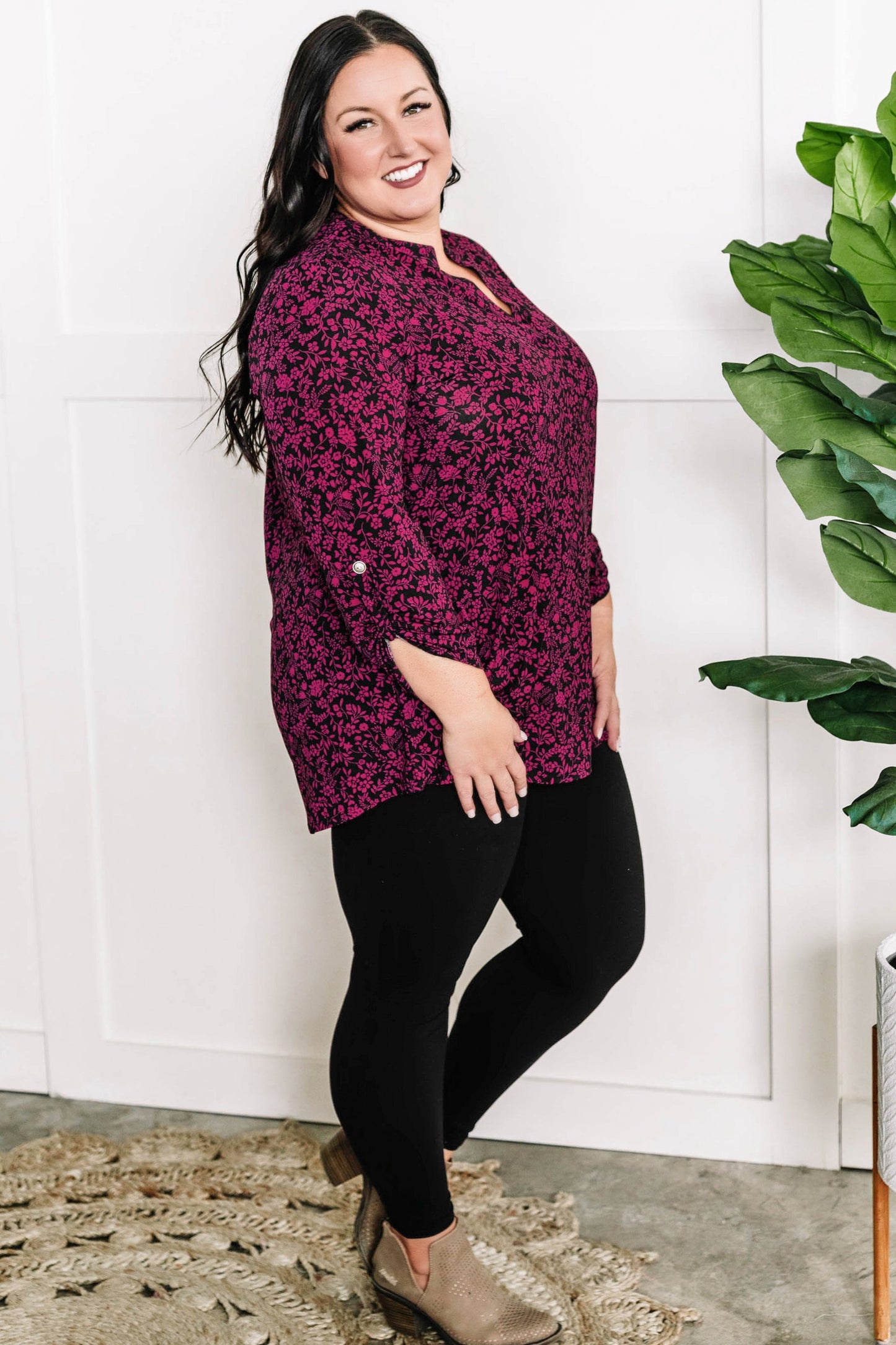 Gabby Front Top With Button Sleeve Detail In Magenta Florals