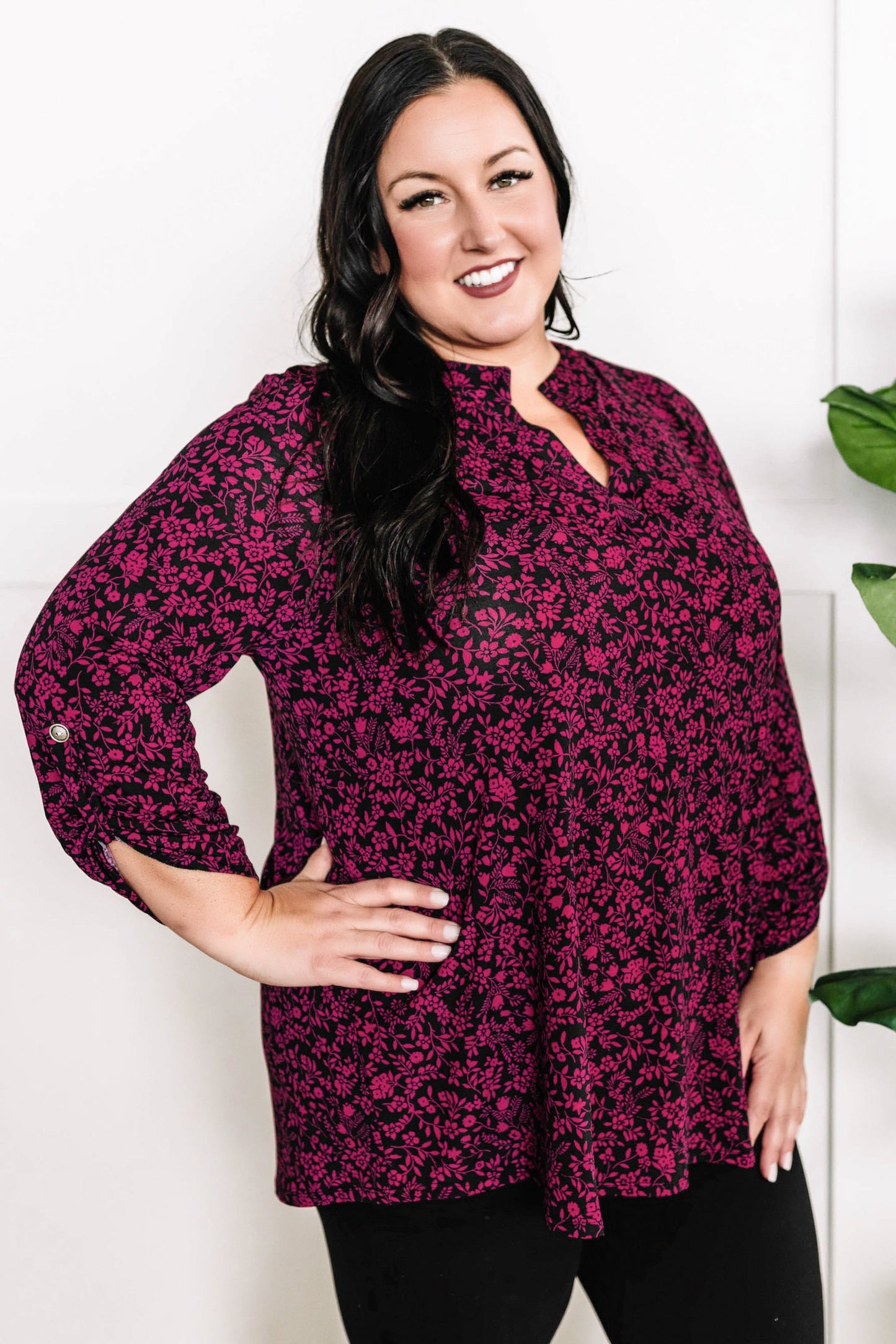 Gabby Front Top With Button Sleeve Detail In Magenta Florals