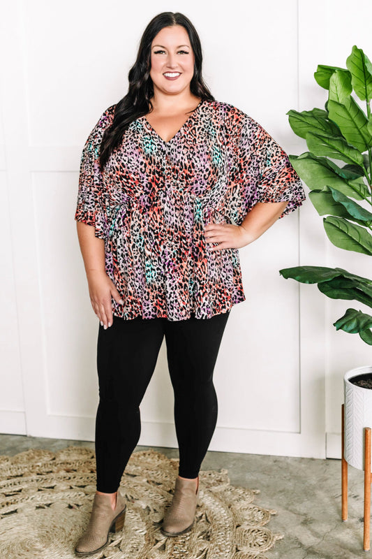 Dolman Sleeve Babydoll Top In Leopard Multi