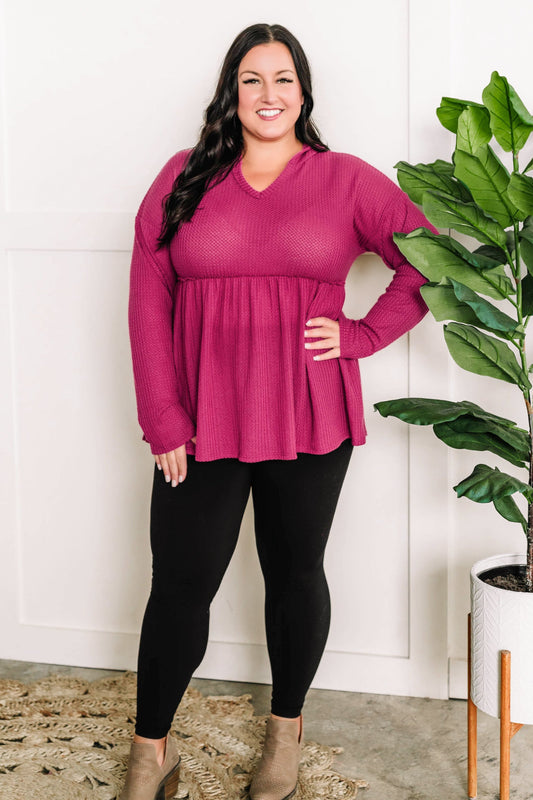 Waffle Knit Hooded Babydoll Top In Magenta