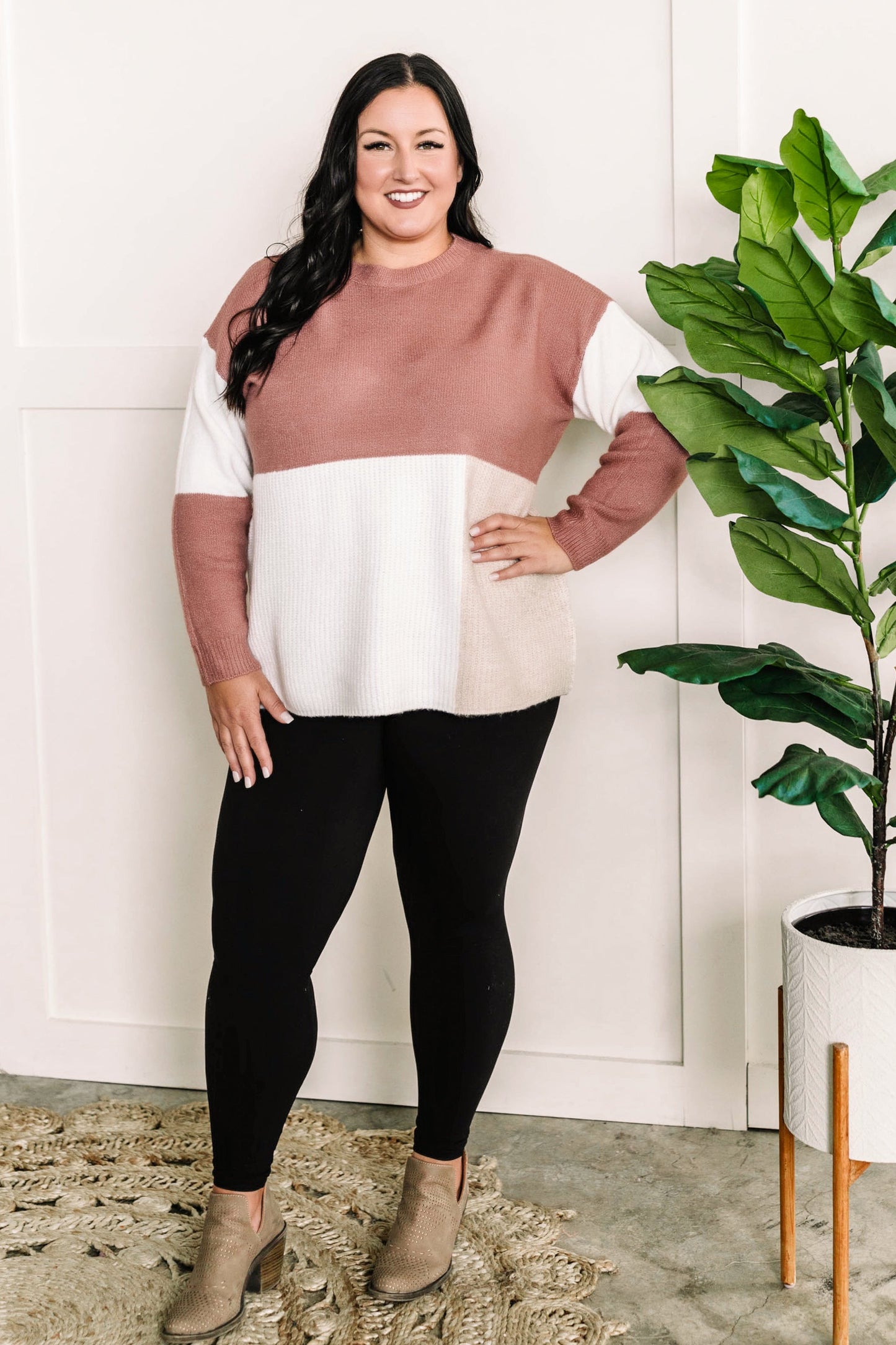 Color Block Knit Sweater In Mauve, Taupe & White