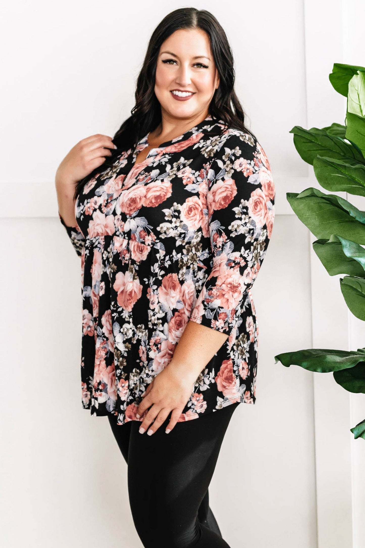 Gabby Neckline Babydoll Blouse In Black & Pink Florals 11.24