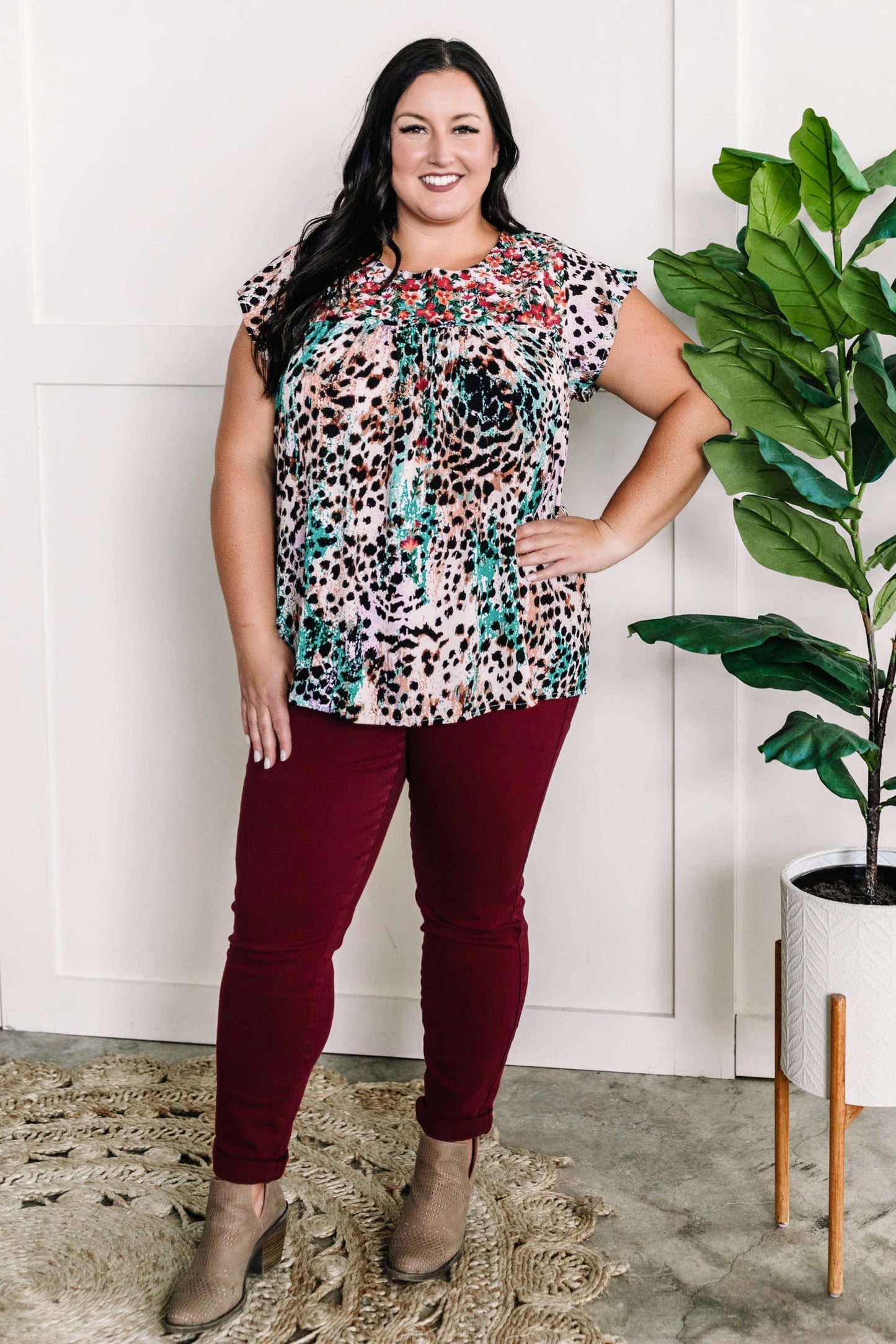 Embroidered Floral and Animal Print Blouse In Teal Multi 11.21