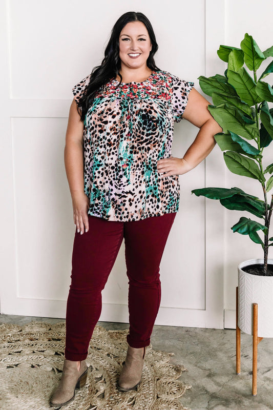 Embroidered Floral and Animal Print Blouse In Teal Multi 11.21