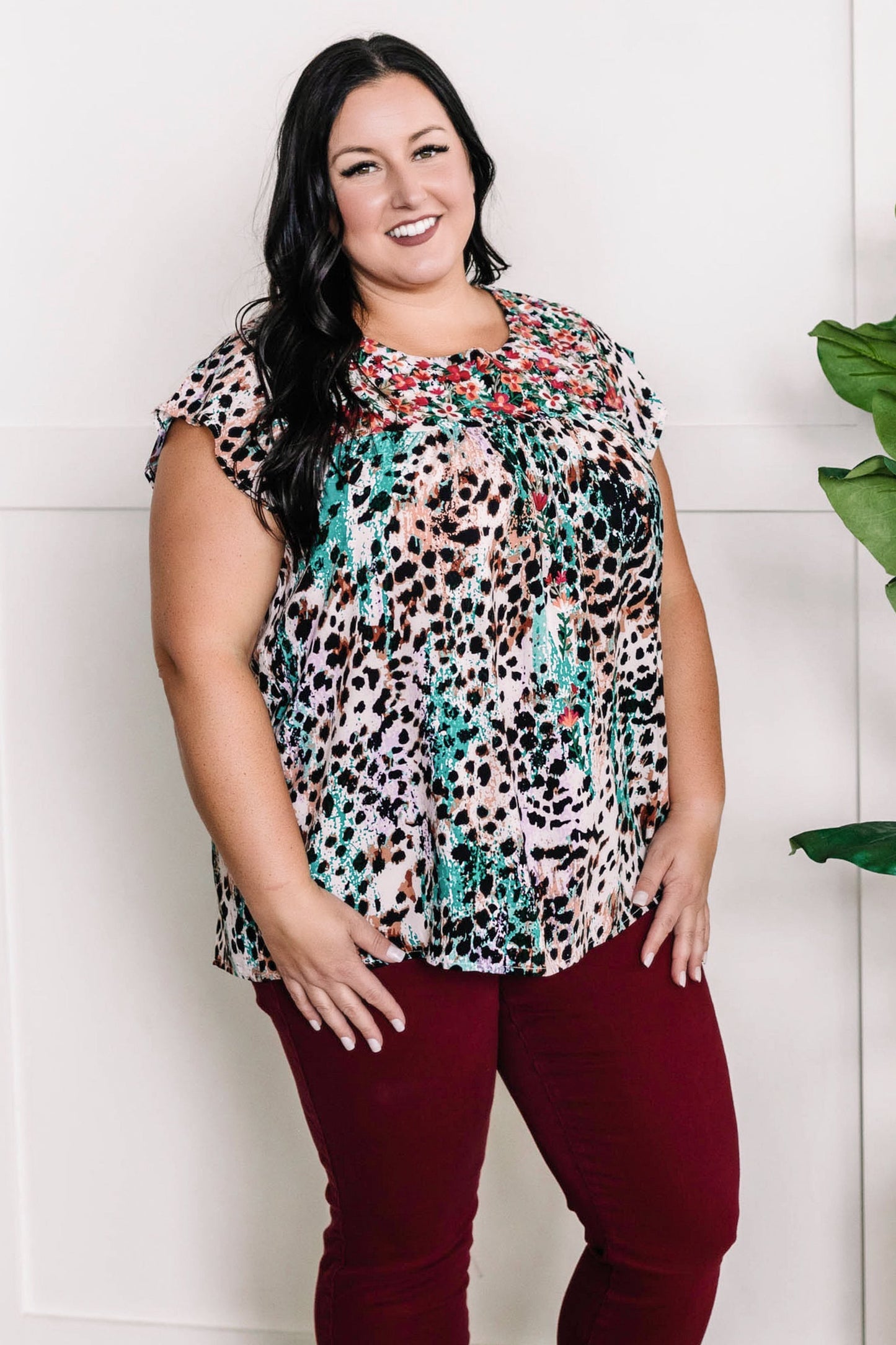 Embroidered Floral and Animal Print Blouse In Teal Multi 11.21