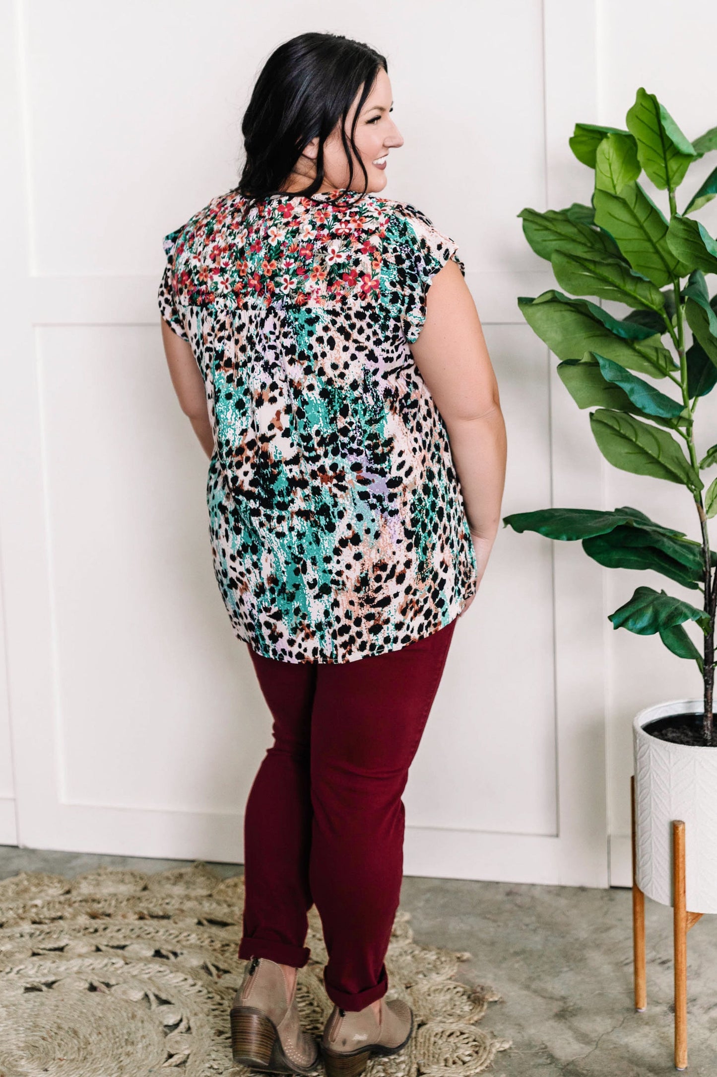 Embroidered Floral and Animal Print Blouse In Teal Multi 11.21