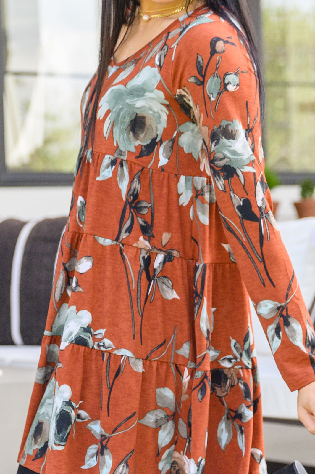 Lovely Meeting Tiered Floral Tunic In Rust